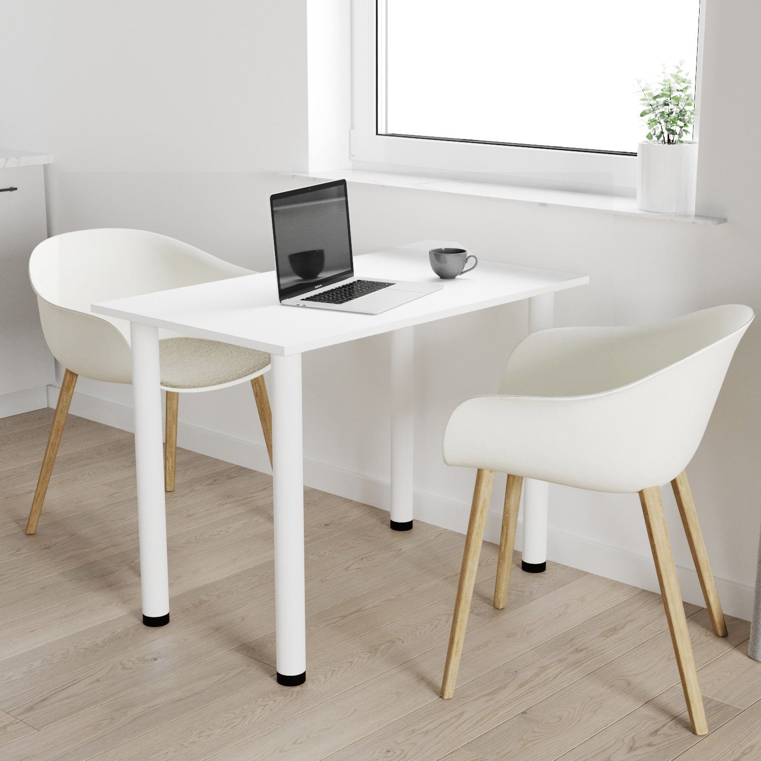 AKKE Esstisch (Kantenumleimung - weiße Tischbeine), WEISS, für das  Esszimmer oder Küche, 2mm PVC