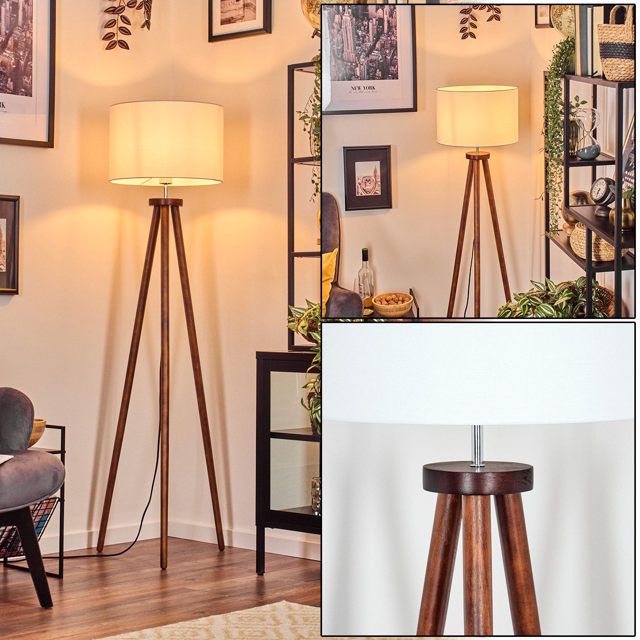hofstein Stehlampe Stehlampe aus Holz/Metall im skandinavischen Design, ohne Leuchtmittel, Boho-Style, Schirm aus Stoff, Ø 38cm, E27, 150,5cm, mit Fußschalter