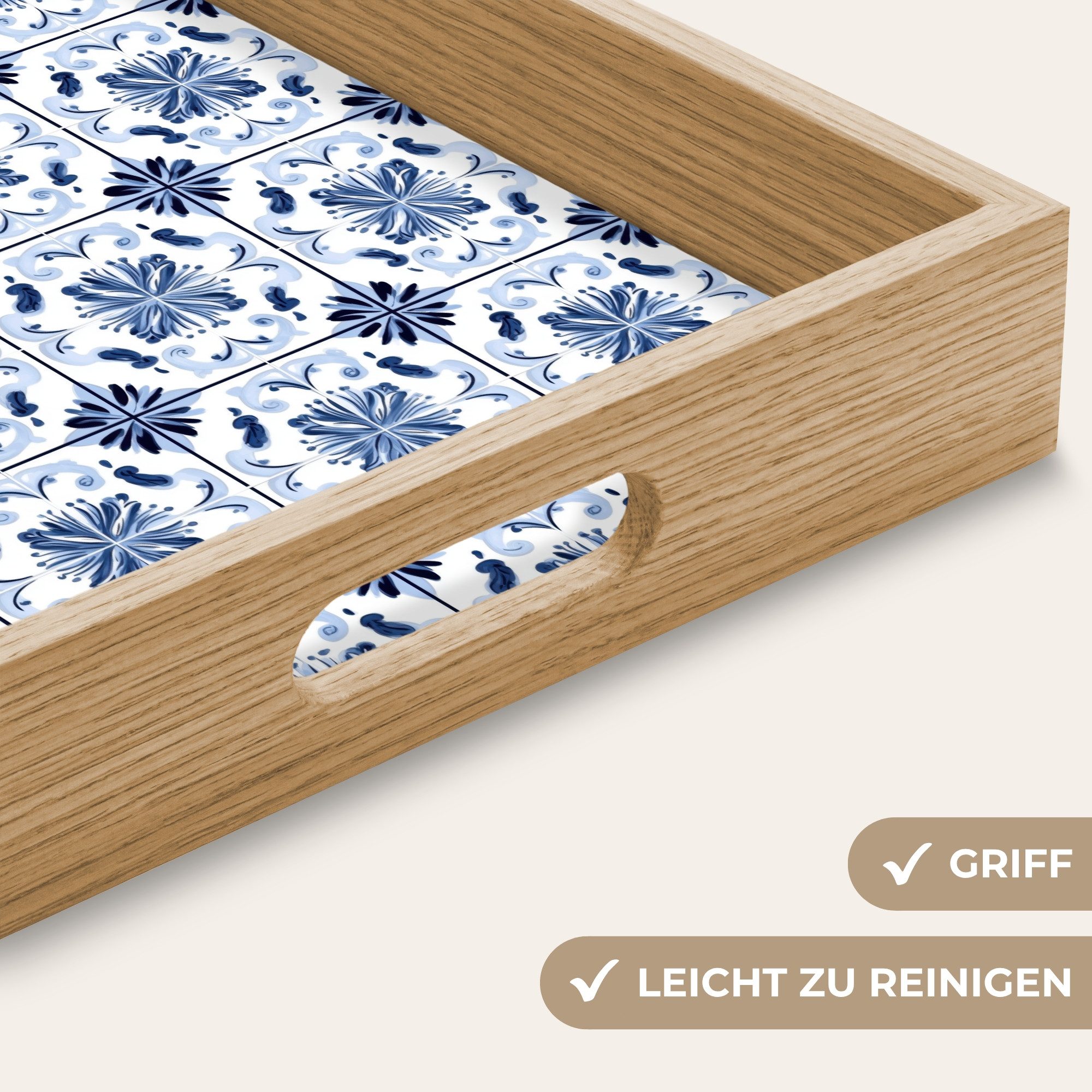 OnlyWow Tablett Rechteckig mit Henkel Muster - Fliese - Blau, Eichenholz, (1-tlg), Siervierplatte, Tray, Frühstücksbrett