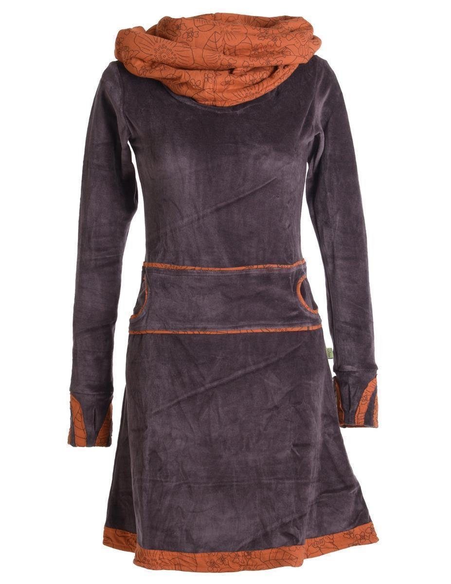 Midikleid Samtkleid warm mit großem Kapuzenkragen