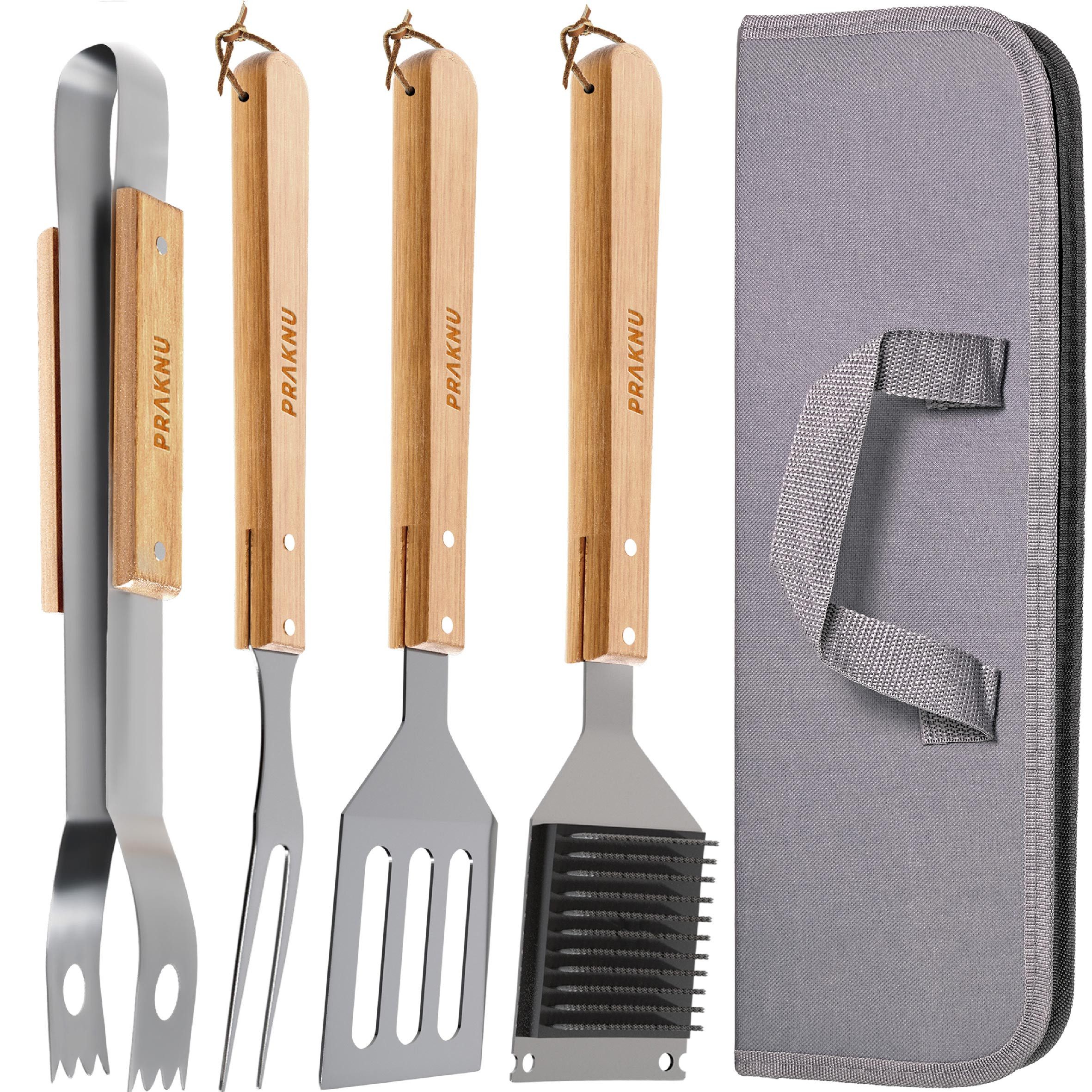 Praknu Grillbesteck-Set mit Holzgriffen und Tragetasche - Hitzebeständig, Rostfrei und Robust, (4-teiliges Set, 4 tlg., 1x Grillzange, Grillwender, Grillgabel, Grillbürste, Tragetasche), Lange Griffe (38cm), Spülmaschinenfest, inkl. Aufbewahrungstasche
