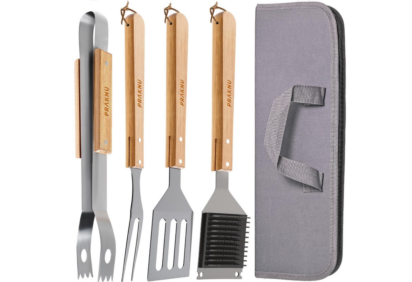 Praknu Grillbesteck-Set mit Holzgriffen und Tragetasche - Hitzebeständig, Rostfrei und Robust, (4-teiliges Set, 4 tlg., 1x Grillzange, Grillwender, Grillgabel, Grillbürste, Tragetasche), Lange Griffe (38cm), Spülmaschinenfest, inkl. Aufbewahrungstasche