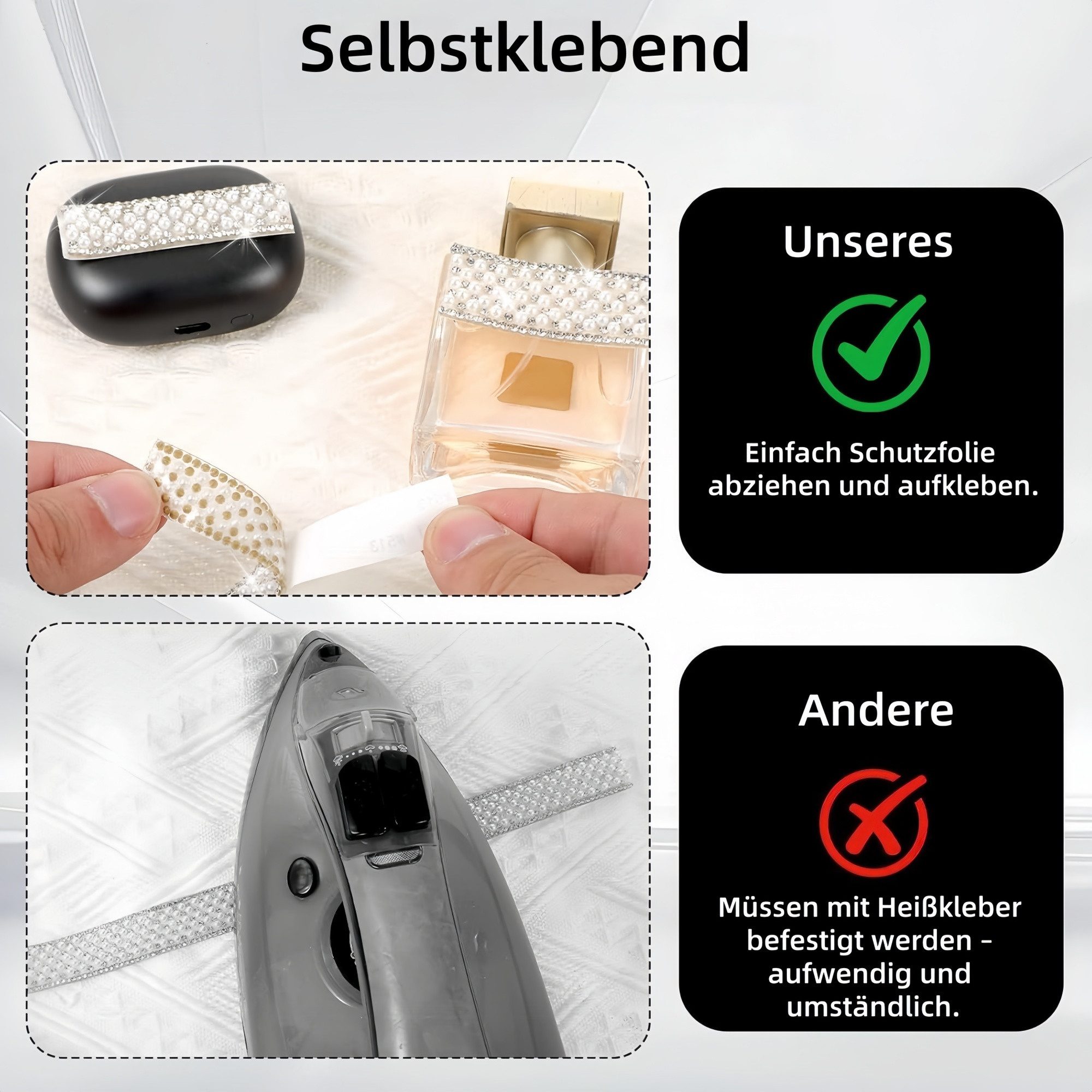 FOUORTUNATE-BEE Versteifungsband 3 Rollen selbstklebendes Perlen-Strassband für DIY, (3-St), Perlen-Strassband zum Verzieren und Basteln – Bild 4 von 5