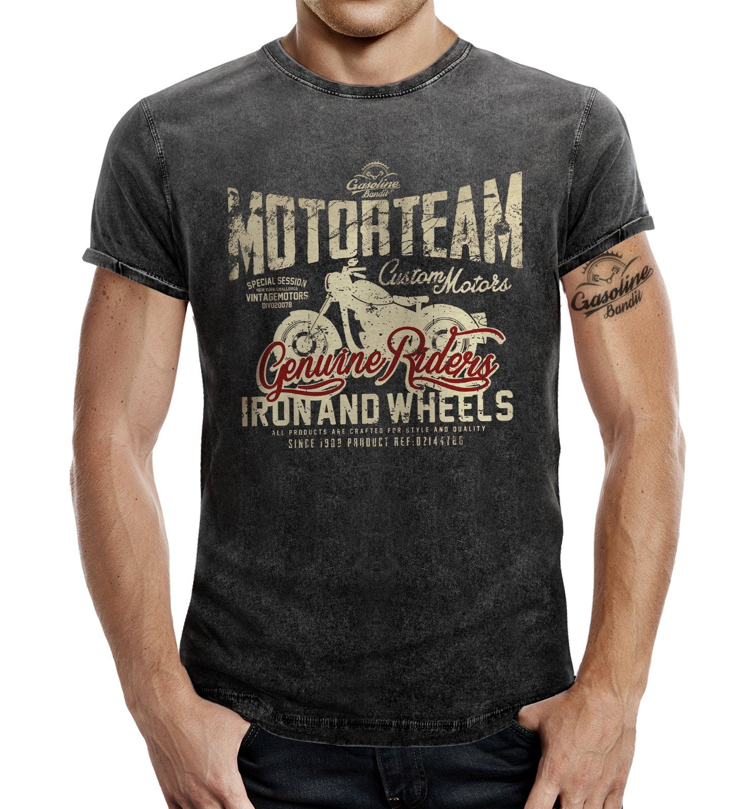 GASOLINE BANDIT® T-Shirt für Biker im Washed Jeans Look: Motor Team