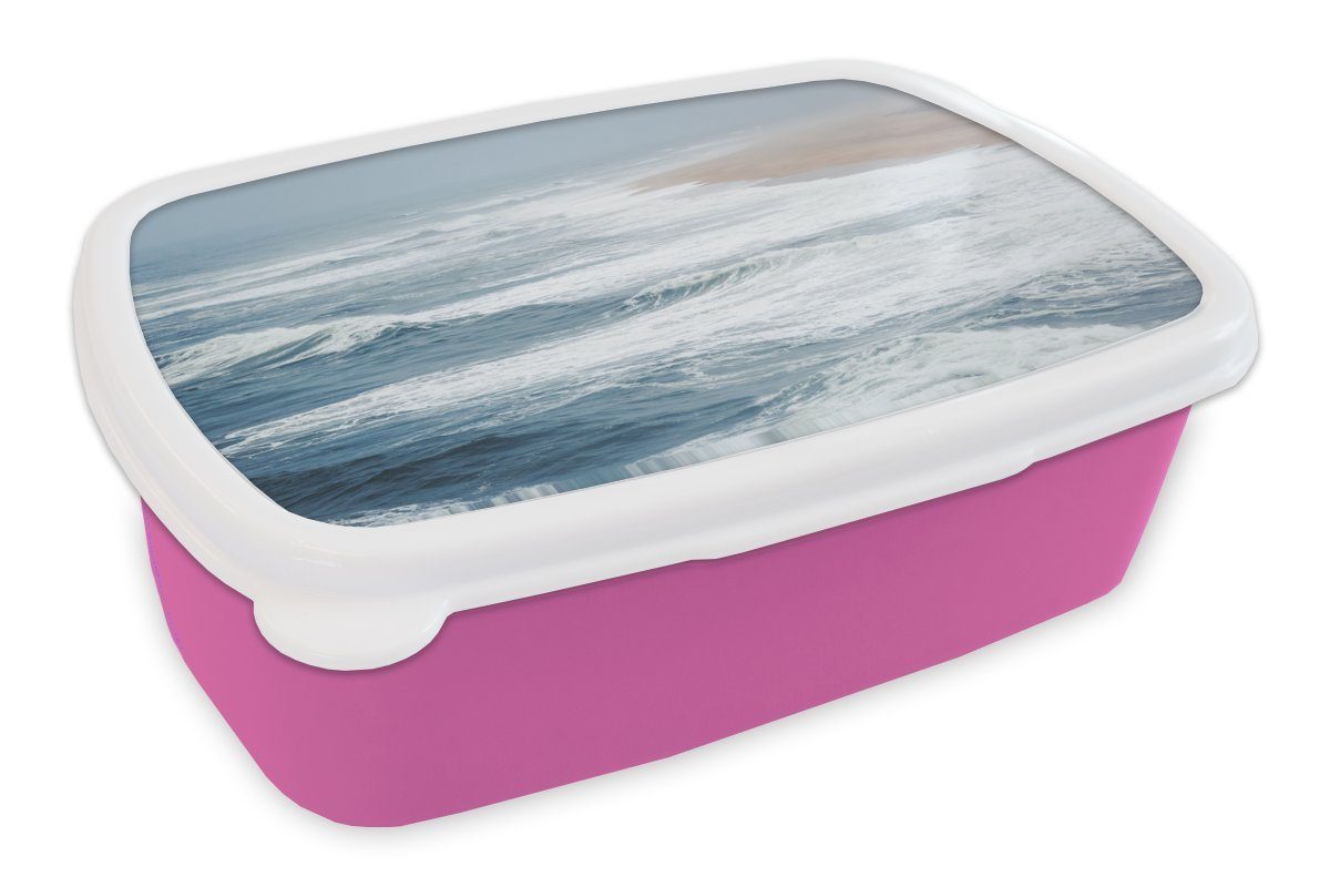 MuchoWow Lunchbox Mädchen, Brotdose Wellen - Snackbox, Wasser - Meer Erwachsene, Strand, Kinder, Brotbox - rosa Kunststoff, Kunststoff für (2-tlg)