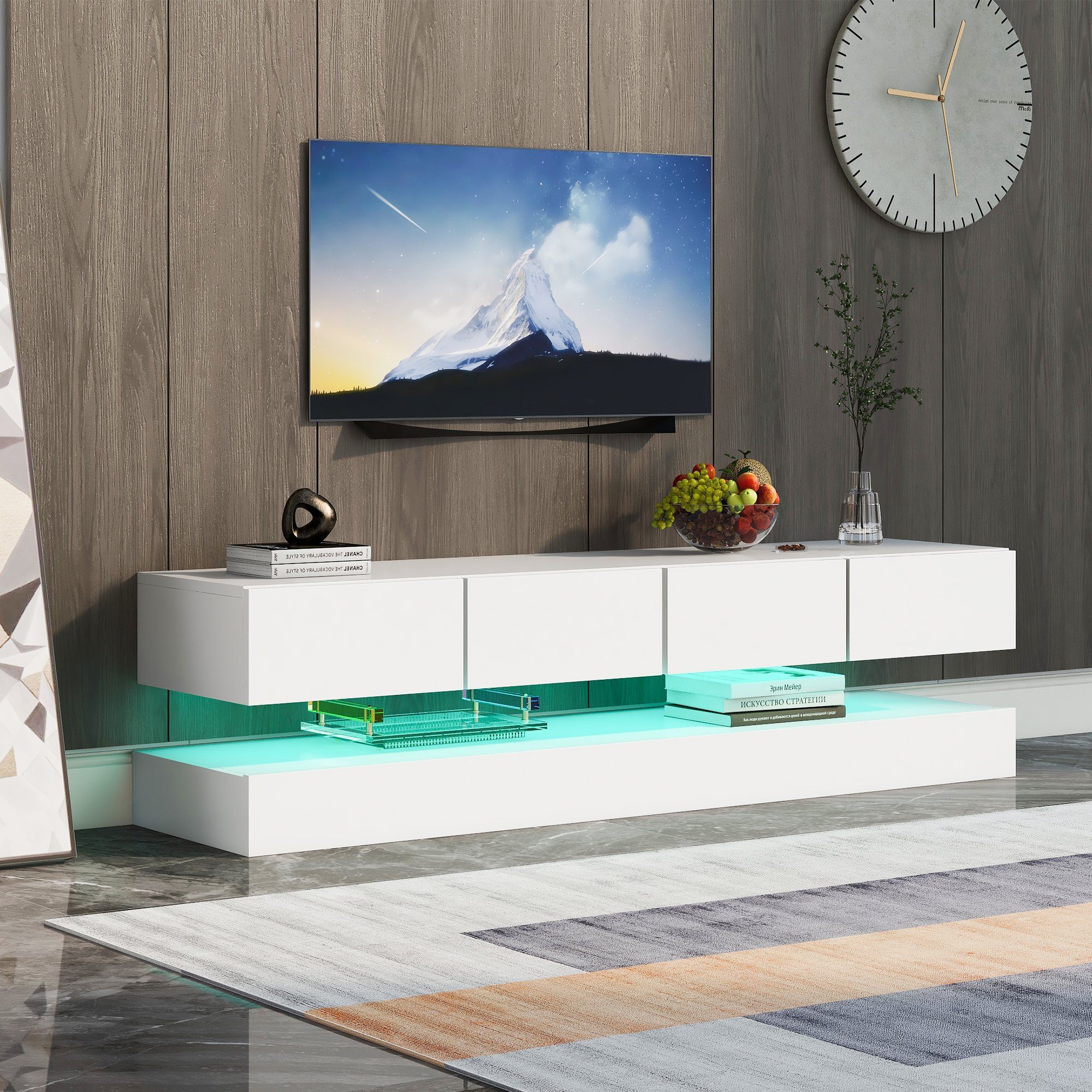 WISHDOR TV-Schrank LED TV Lowboard,Wandmontierter TV-Schrank (Weiß  130*33*15cm Stauraum, mit großer Kapazität, für bis zu 55 Zoll Fernseher) TV-Möbel  mit 2 Schränken und 4 großen Schubladen, 16-farbige LED-Beleuchtung  Wandschrank, Moderner und ...