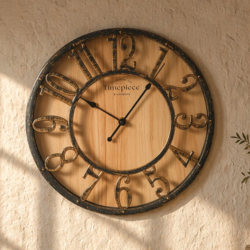 K&L Wall Art Wanduhr große Industrielle Wanduhren Vintage Holzuhr Metall Optik (leises Uhrwerk ohne Ticken)