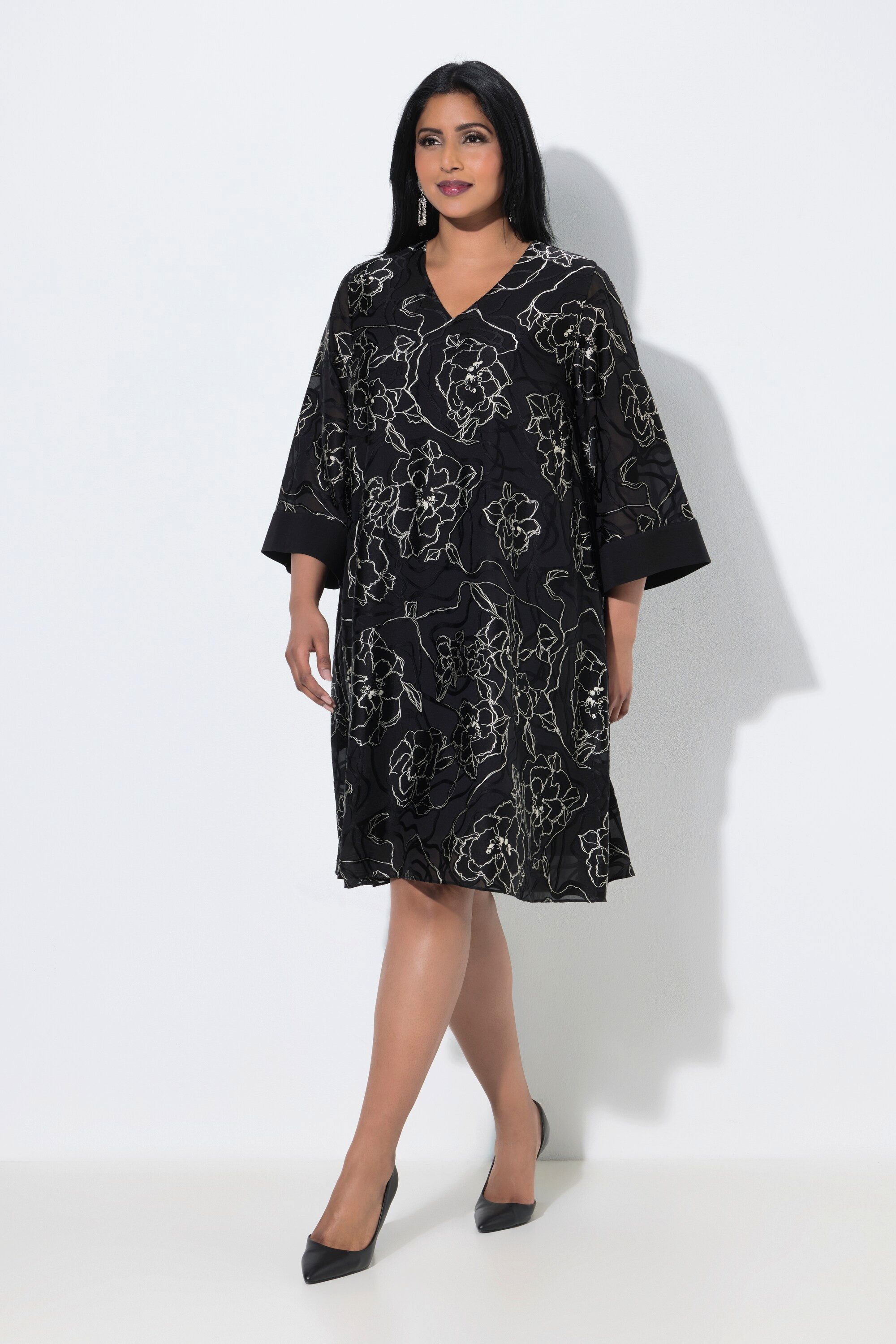 Ulla Popken Midikleid Kleid Seidenmix A-Linie V-Ausschnitt