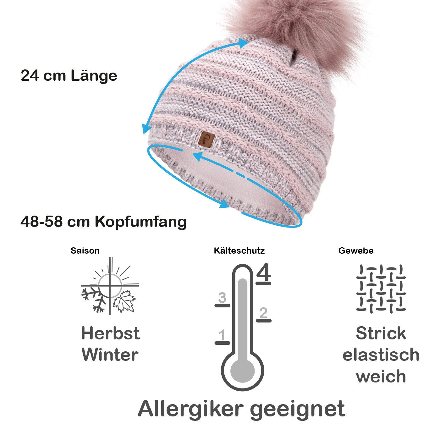 Faera Bommelmütze Wintermütze mit Bommel Damen Mütze Beanie Haube gefüttert Strickmütze