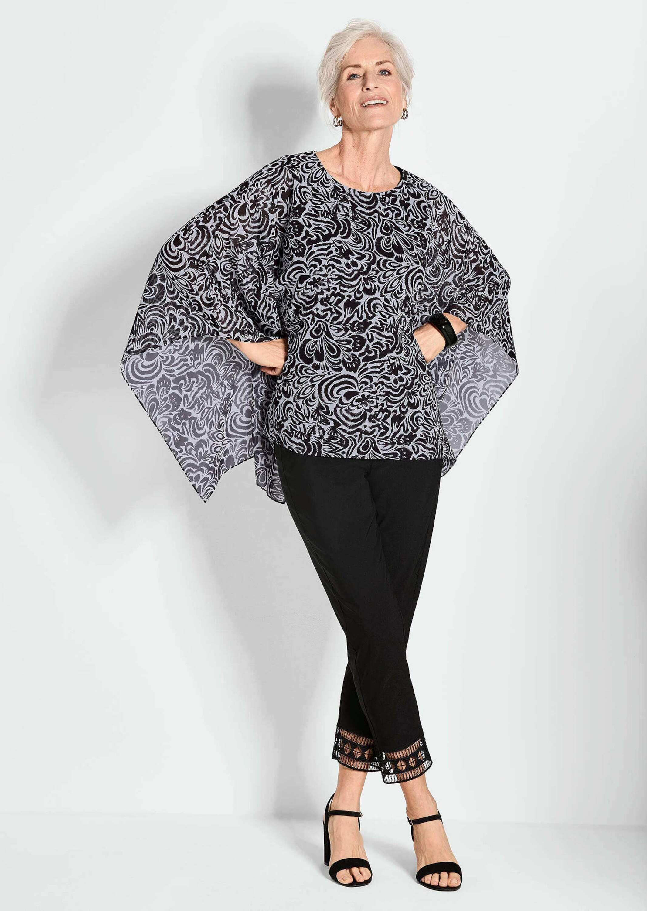 GOLDNER Klassische Bluse Tunikbluse mit Chiffon-Überwurf, Print Elegantes Printshirt mit 3/4-Arm, leicht, mit Jerseytop