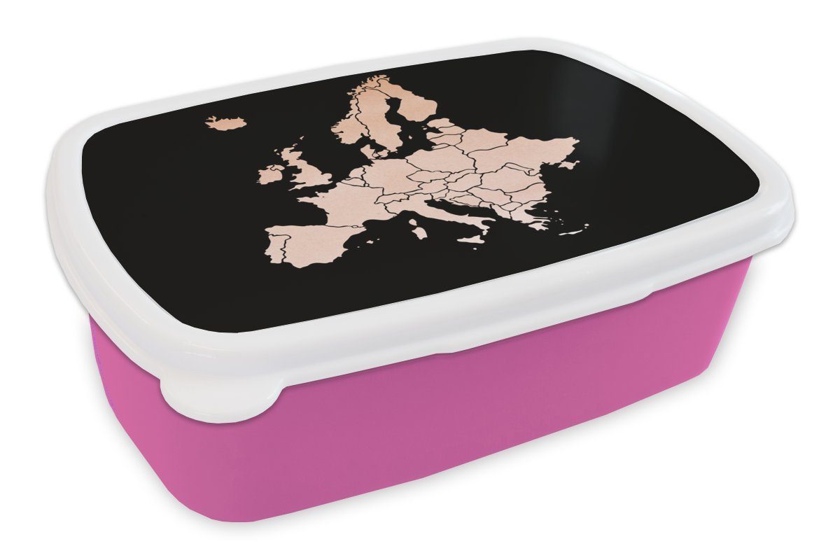 MuchoWow Lunchbox Karte - Europa - Rosa, Kunststoff, (2-tlg), Brotbox für Erwachsene, Brotdose Kinder, Snackbox, Mädchen, Kunststoff