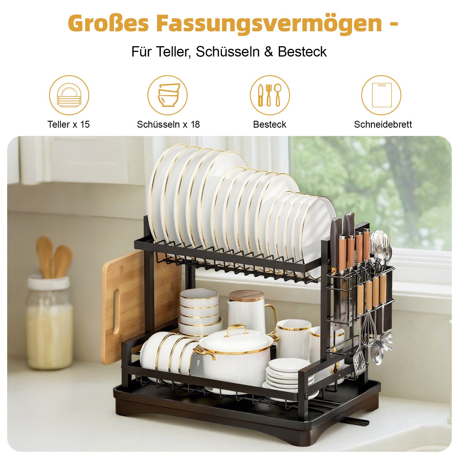 SunJas Geschirrständer 2-stufiges Abtropfgestelle für Geschirr, 360°-Abfluss, Zubehör für Küche mit Tassenhalter, Utensilienhalter, Schneidebretthalter und Drai – Bild 5 von 5