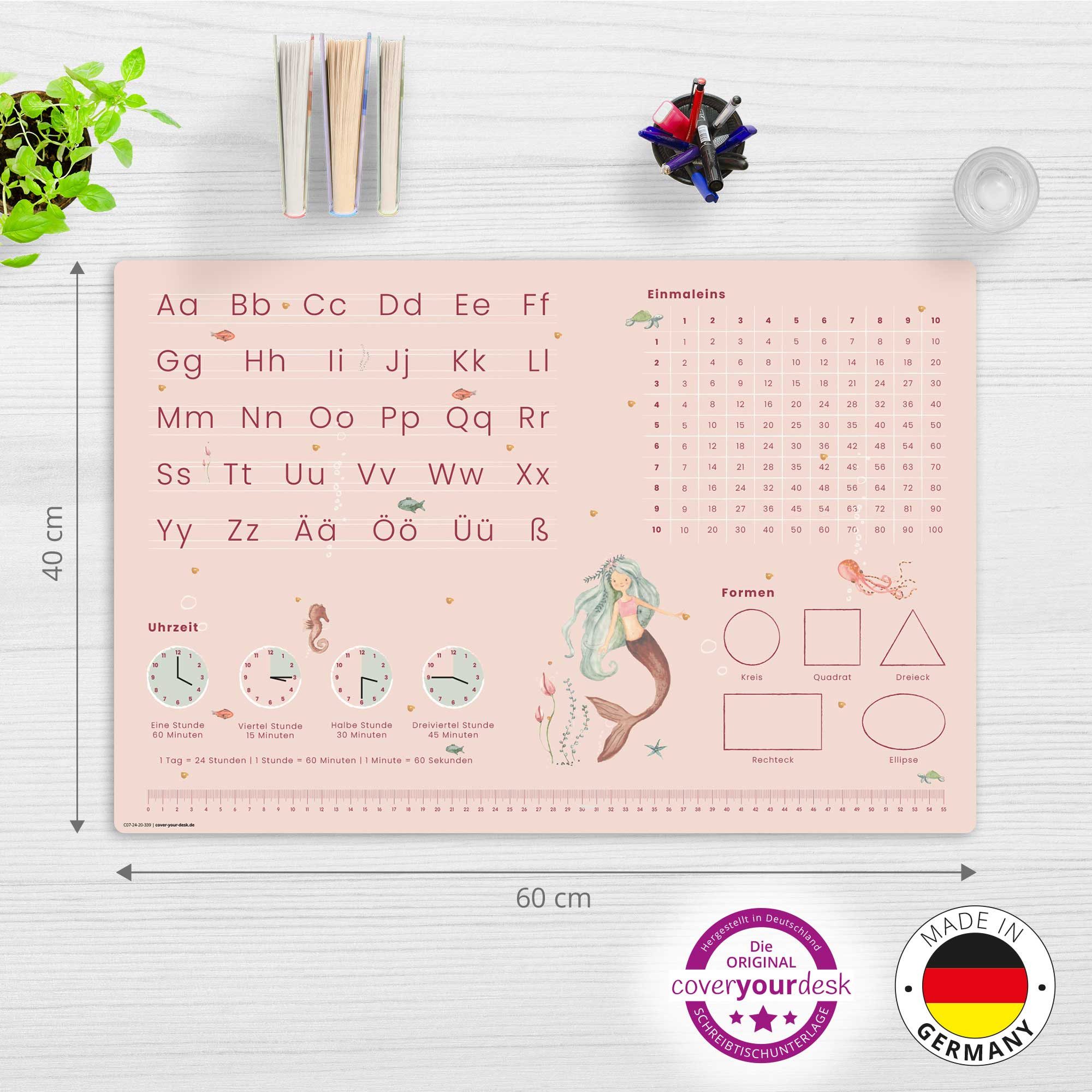 cover-your-desk.de Schreibtischunterlage Lernunterlage Meerjungfrau - abc & 1x1 für Kinder, Made in Germany, (1 tlg)