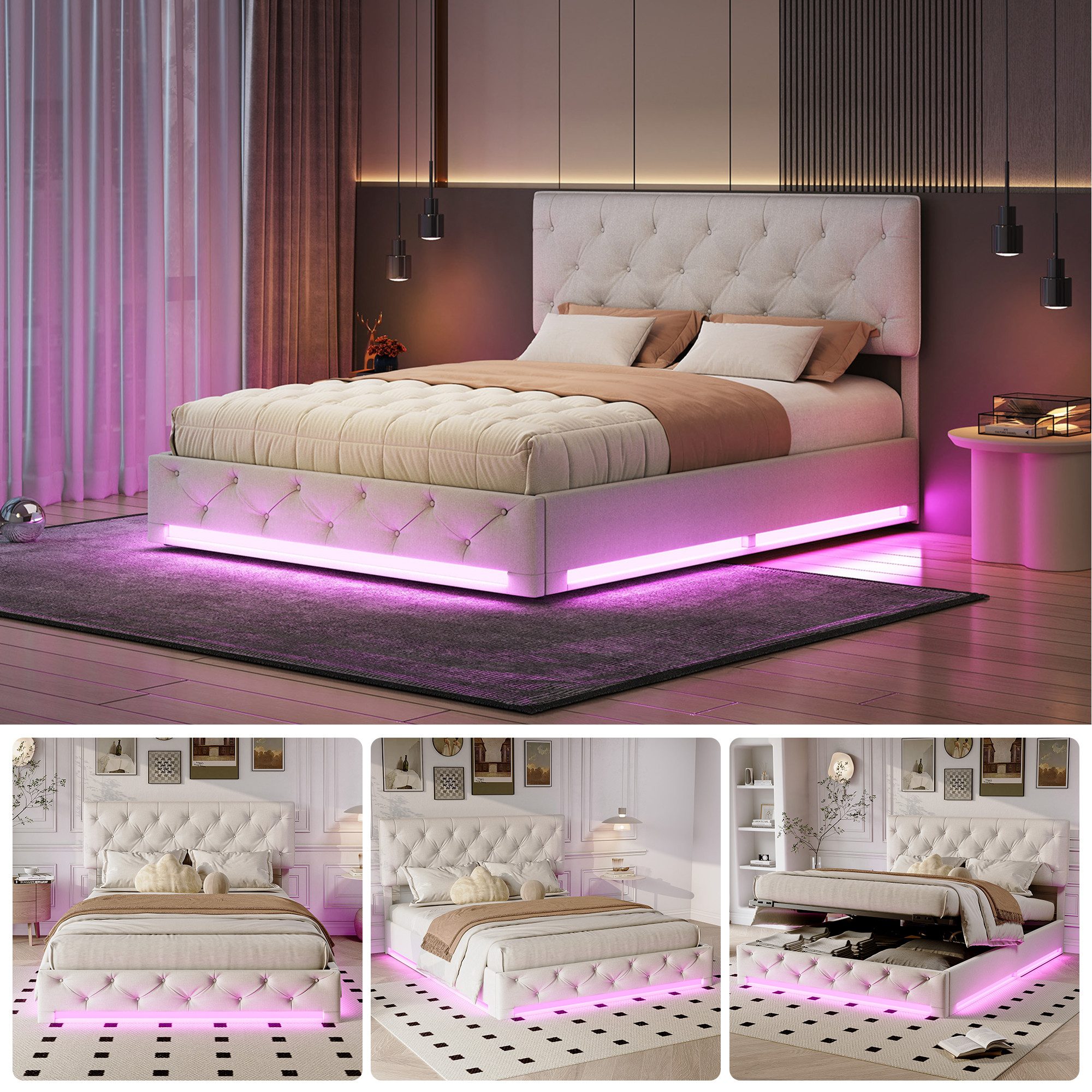 Gdood Polsterbett Stauraumbett Doppelbett LED (Hydraulisch hebbarer Staurau günstig online kaufen