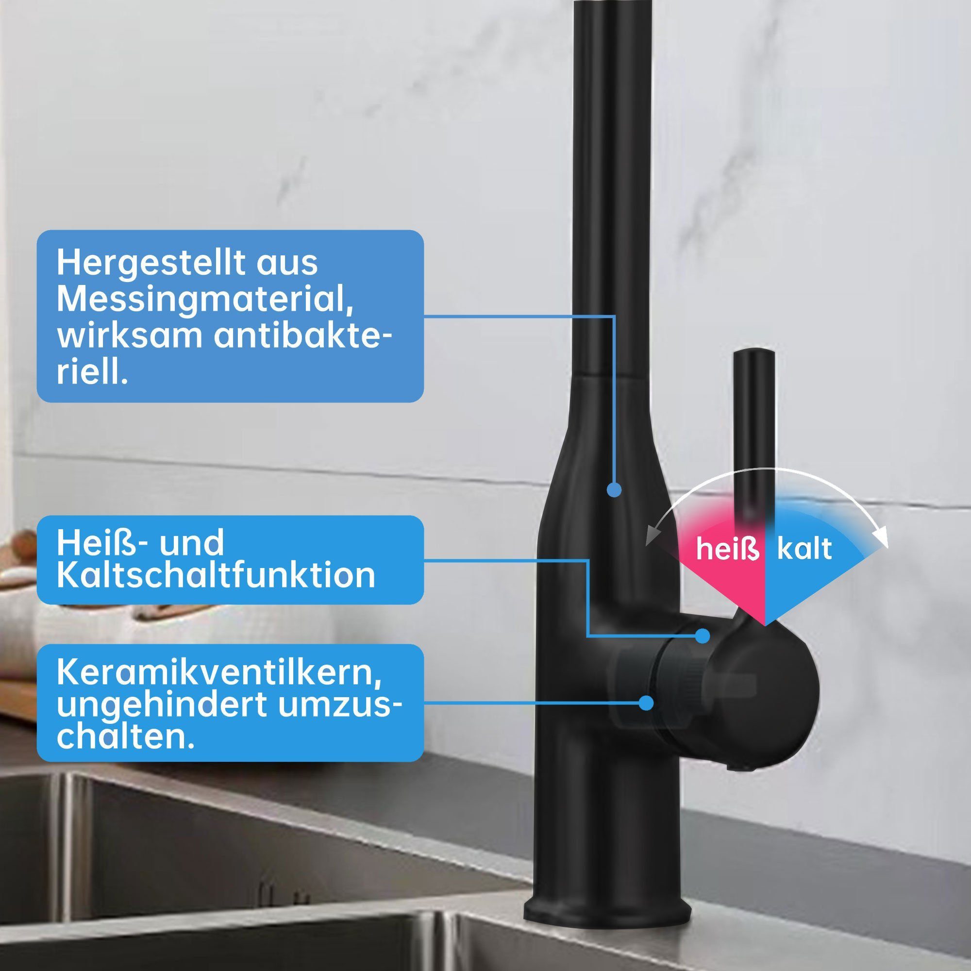 SEHAUSEU Küchenarmatur Wasserhahn Küche Bad Spültischarmatur Waschtischarmatur ausziehbar mit Ausziehbrause, Hochdruckarmatur – Bild 4 von 5