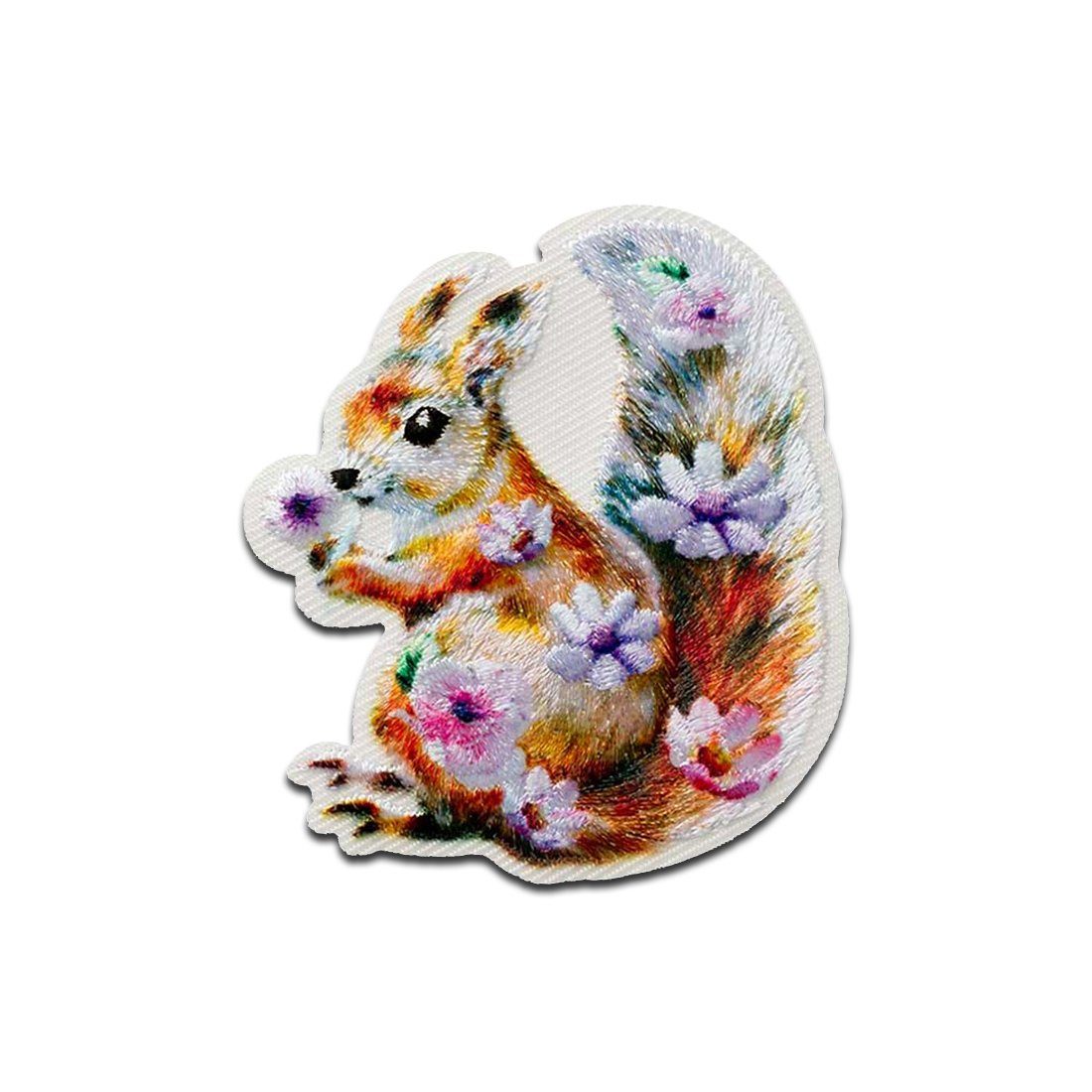 Mono-Quick Aufnäher Bügelbild, Aufbügler, Applikationen, Patches, Flicken, zum aufbügeln, PES, PU, NY, Eichhörnchen mit Blumen Tier - Größe: 5,4 x 4,8 cm