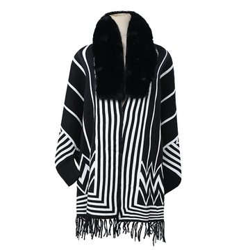 Rouemi Cape Damen Haar Kragen Schal,Langarm gestreift Fransen stricken Cape Poncho