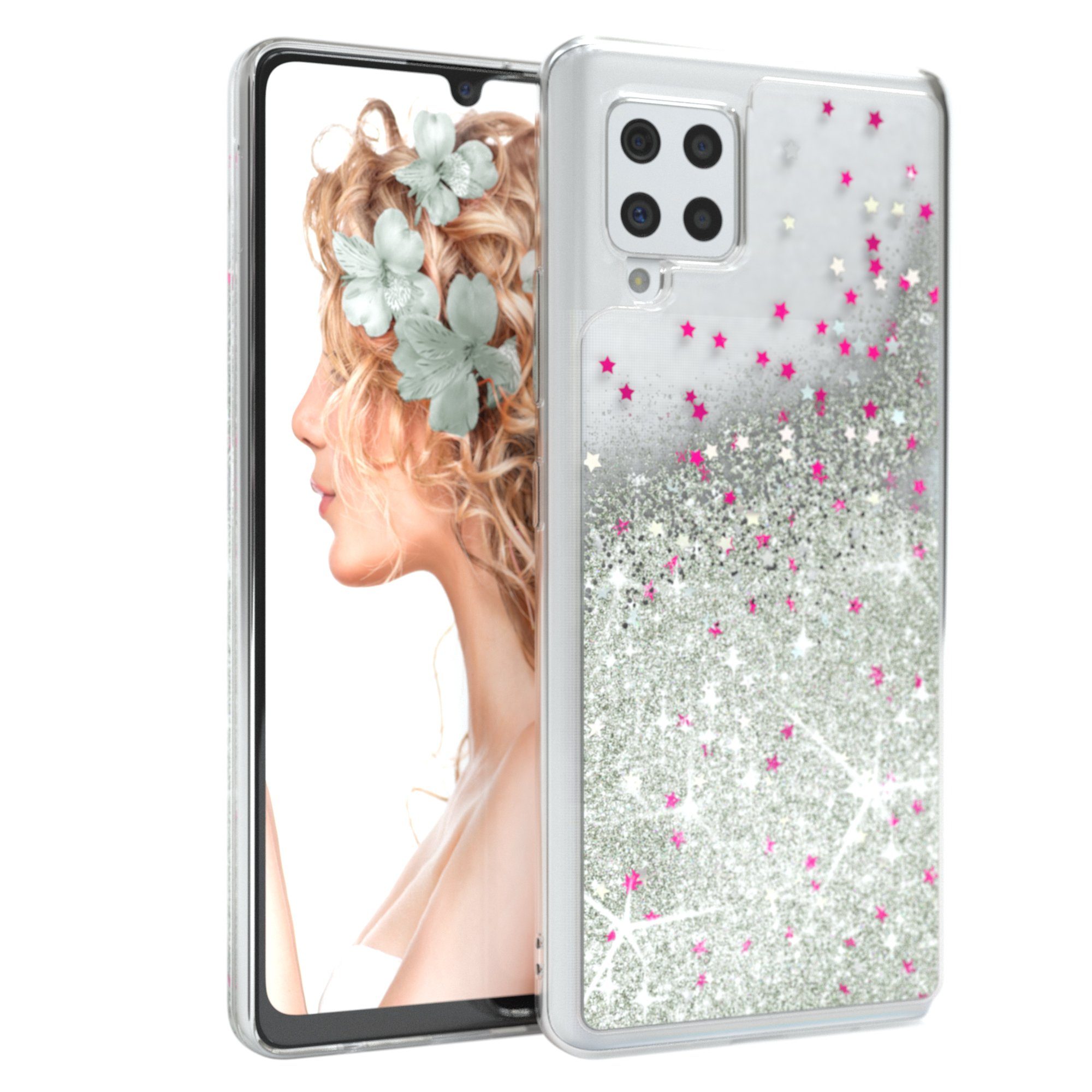 EAZY CASE Handyhülle Liquid Glittery Case für Samsung Galaxy A42 5G 6,6 Zoll, Kratzfeste Silikonhülle stoßfestes Back Cover Phone Case Etui Silber
