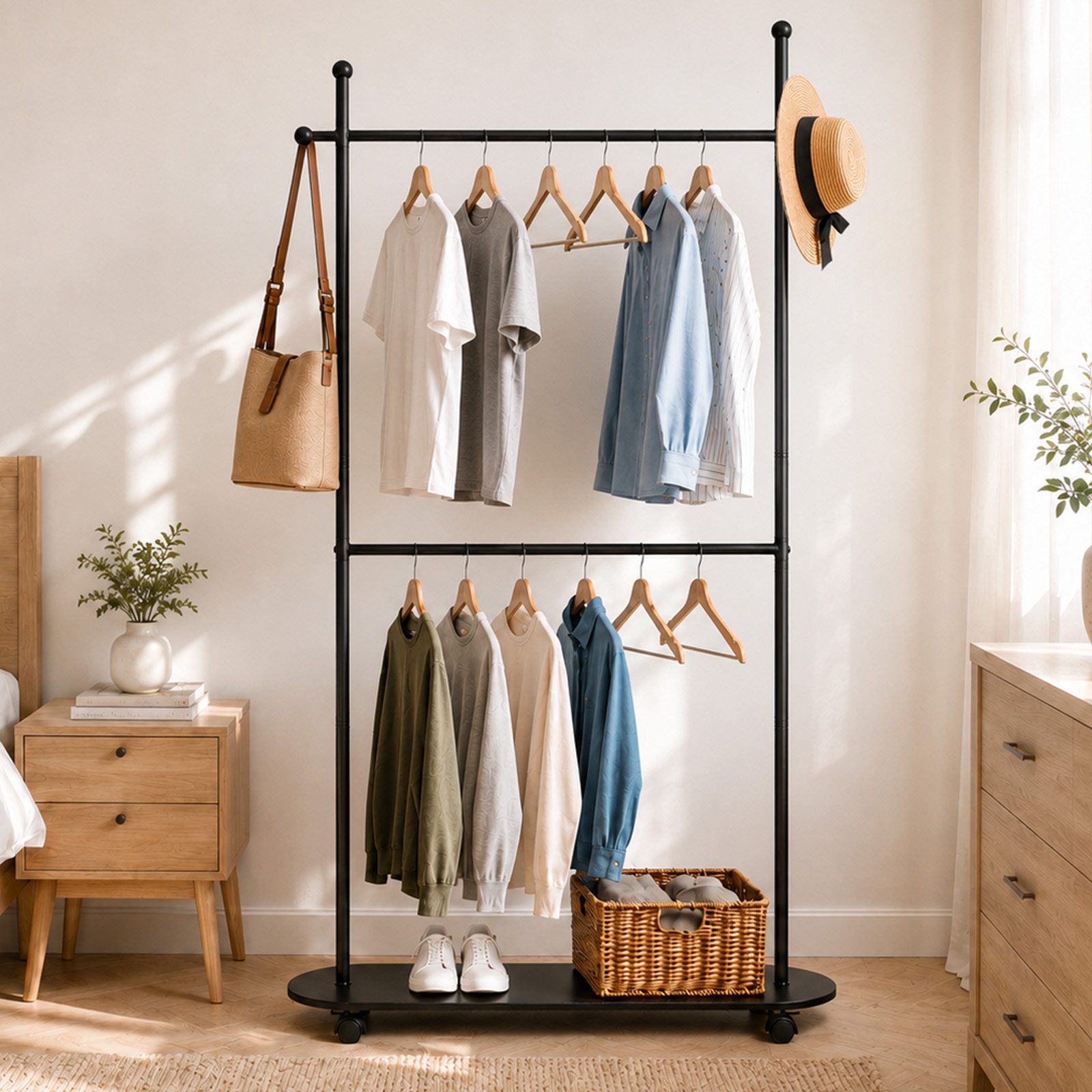 QUBEBU Garderobenständer Kleiderständer auf Rollen Garderobenständer mit 2 Kleiderstange Ablage, (Multifunktionale Kleiderstange Edelstahl Flurgarderobe mit 4 Haken, 1 St., Doppelstange Garderobe für Schlafzimmer, Wäscheraum, Balkon, Flur)