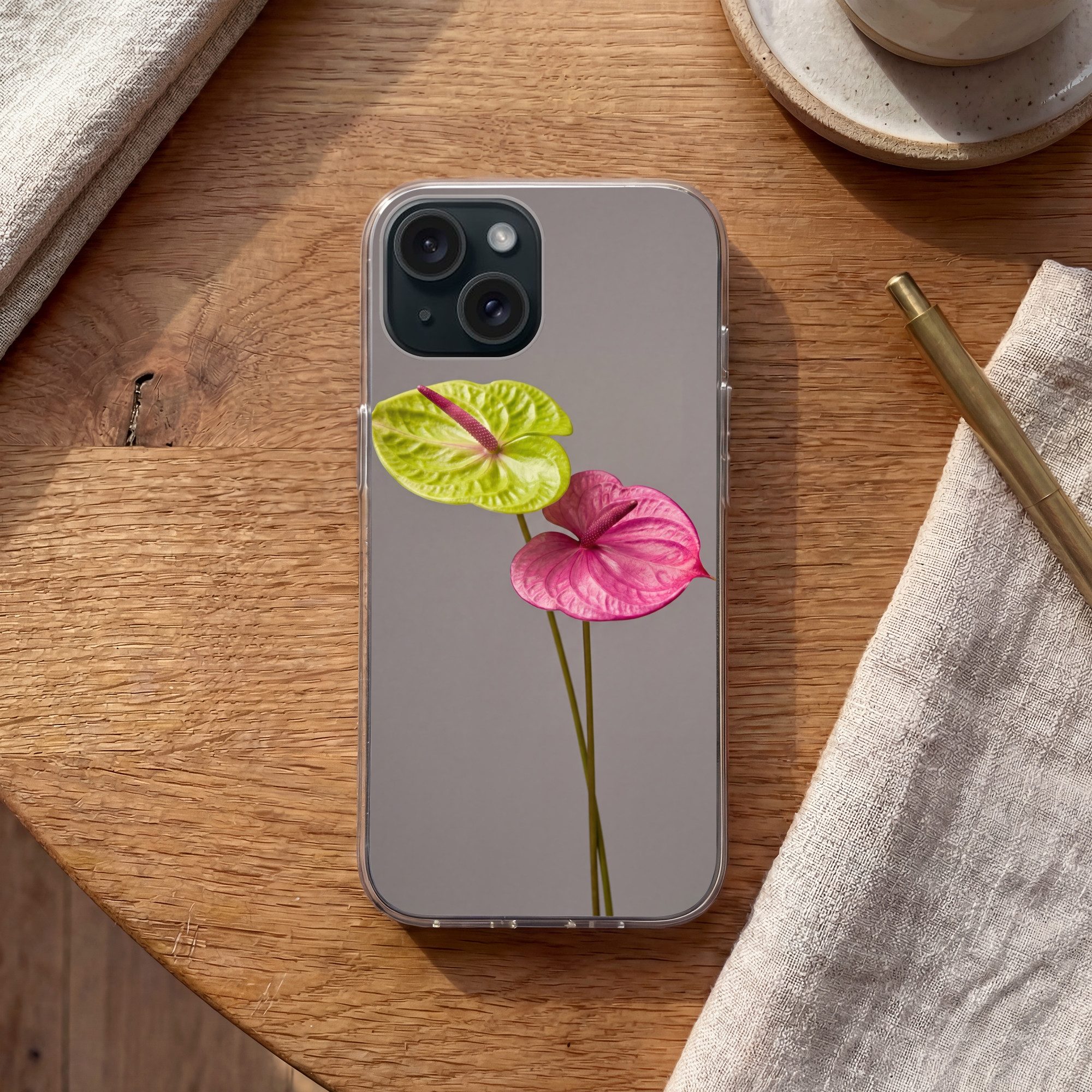 MuchoWow Handyhülle für Apple iPhone 15 Pflanzen - Anthurium - Grün - Rosa, Smartphone-Bumper, Print, Handy Schutzhülle Dünn