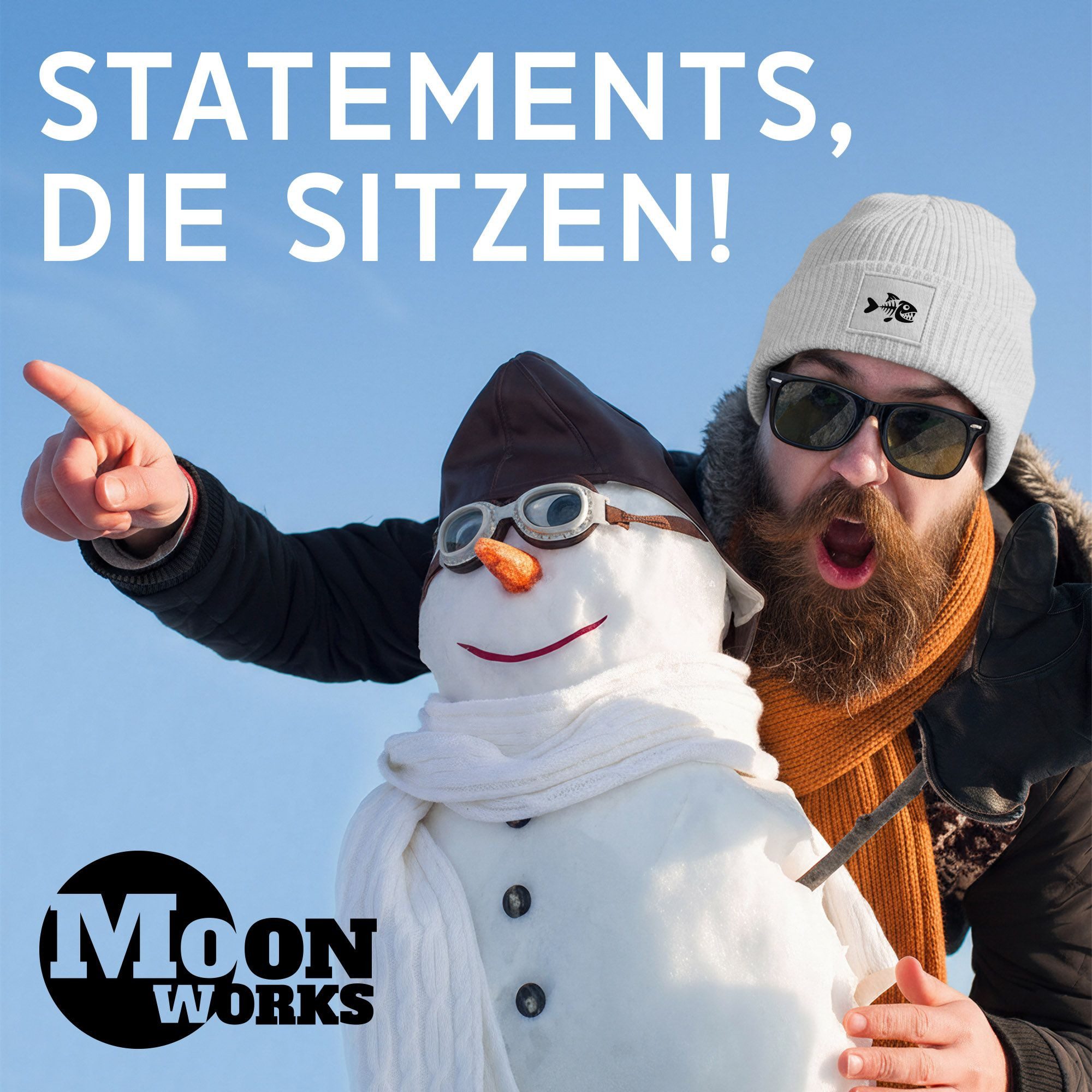 MoonWorks Strickmütze Herren Beanie Patch Piranha Grafik Print Lustig Wintermütze