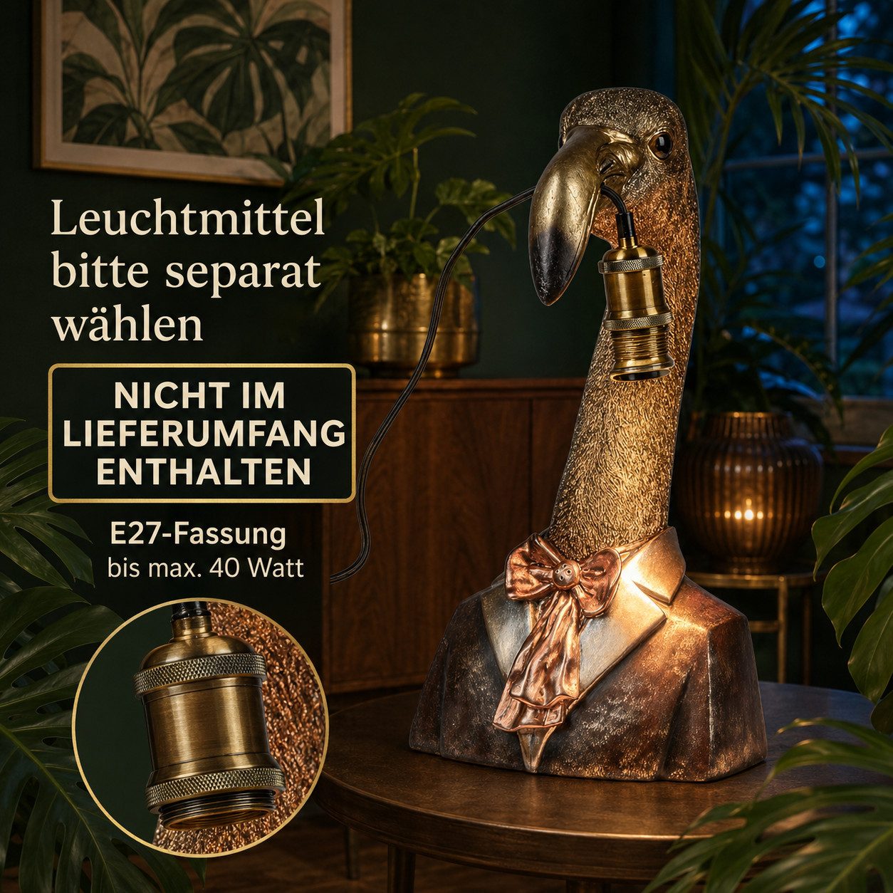 Kremers Schatzkiste Tischleuchte Tischlampe Flamingo aus Kunststein mit E27-Fassung, 49 cm, LED fest integriert