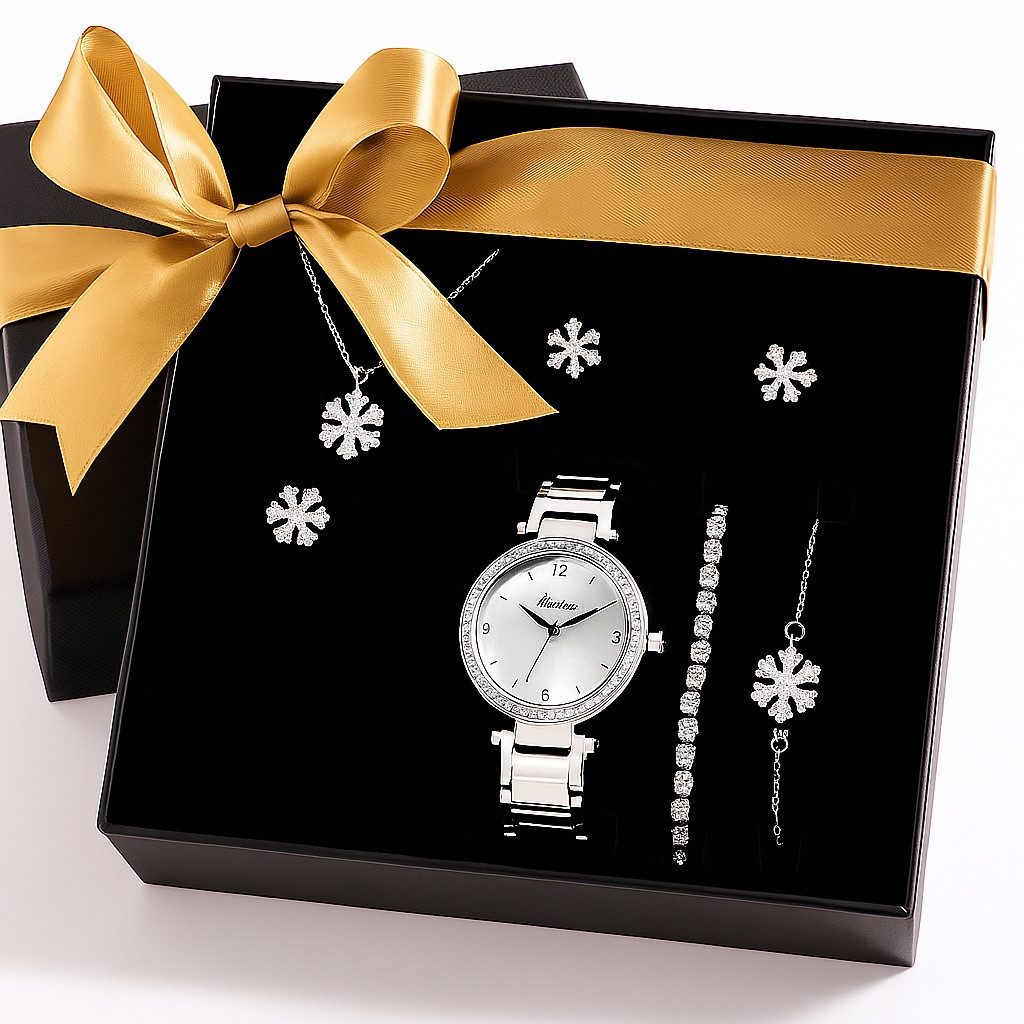 Jungengel Schmuckset Elegant Damen Schneeflocke Silber Gold – Kette, Ohrringe, Armband, Uhr (6-teiliges Set, 6-tlg., Schneeflocken Schmuck- & Uhrenset), 6-teiliges Komplettset inkl. Uhr, Schneeflocken-Motif an Kette
