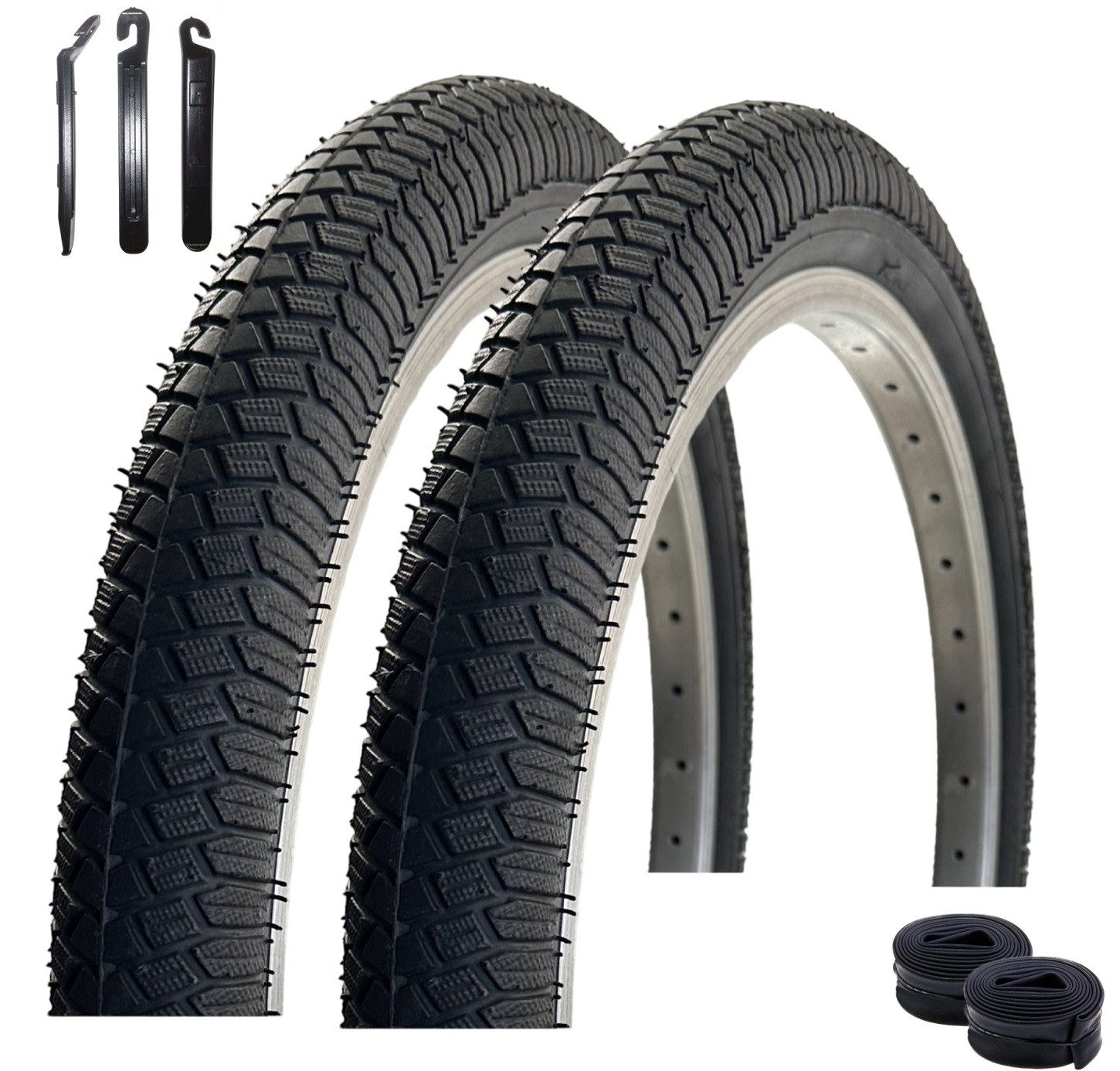 maxxi4you Fahrradreifen 2 x VEE Rubber V186 20" Schwarz 50-406 + 2 DV + Heber