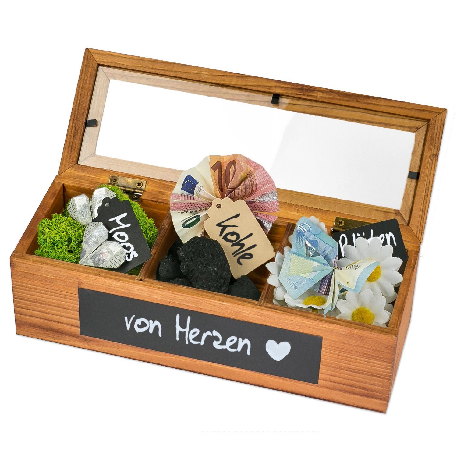 SURPRISA Geschenkbox Schotter Schatulle - kreative Verpackung für Geldgeschenke, Geschenkbox mit 3 Fächern zum Geburtstag, Abitur oder zur Hochzeit