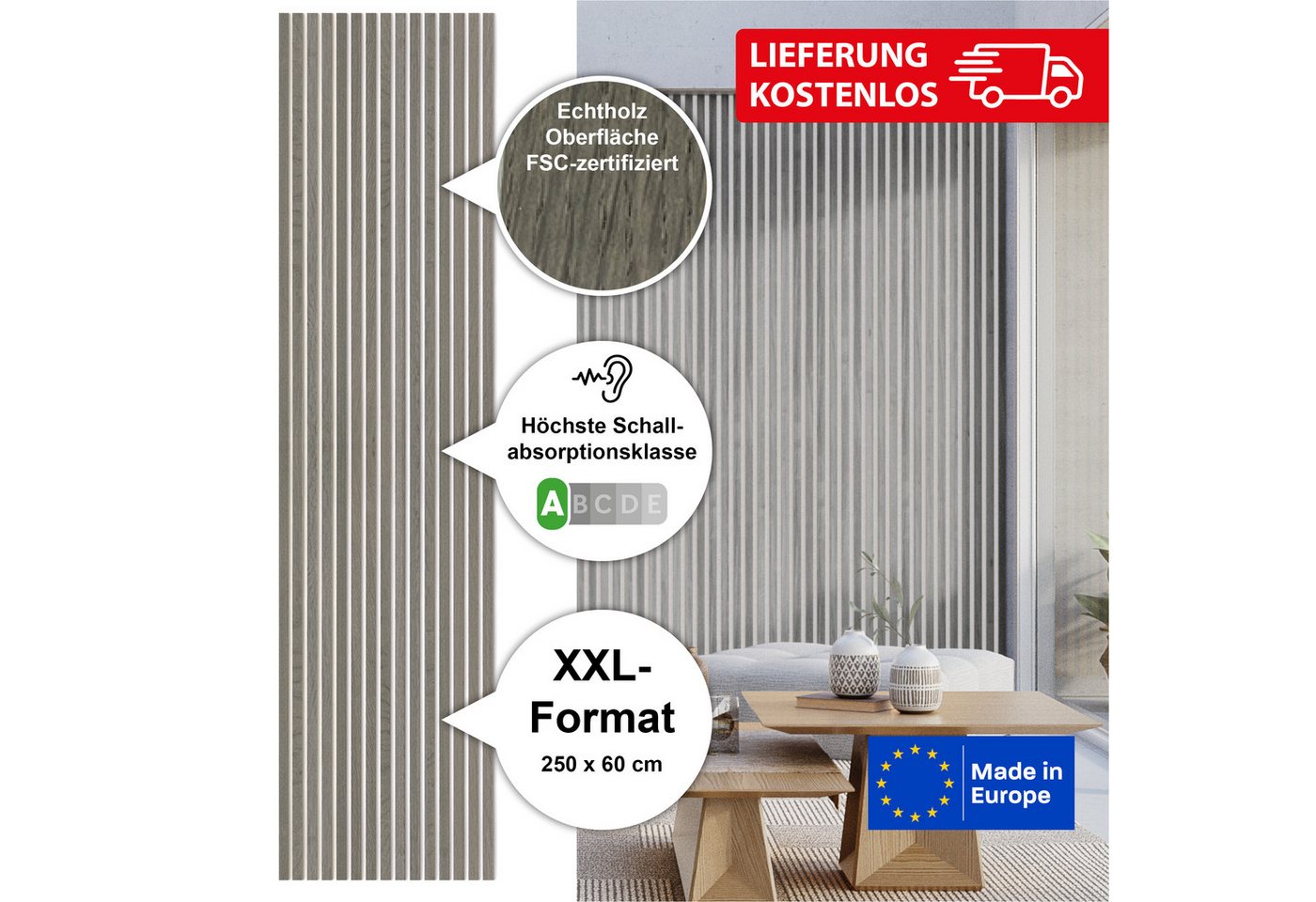 Thumbnail - acous 3D Wandpaneel Akustikpaneel Professional FSC® Premium Echtholzfurnier, BxL: 60,00x250,00 cm, 1,50 qm, (Packung, Ko...