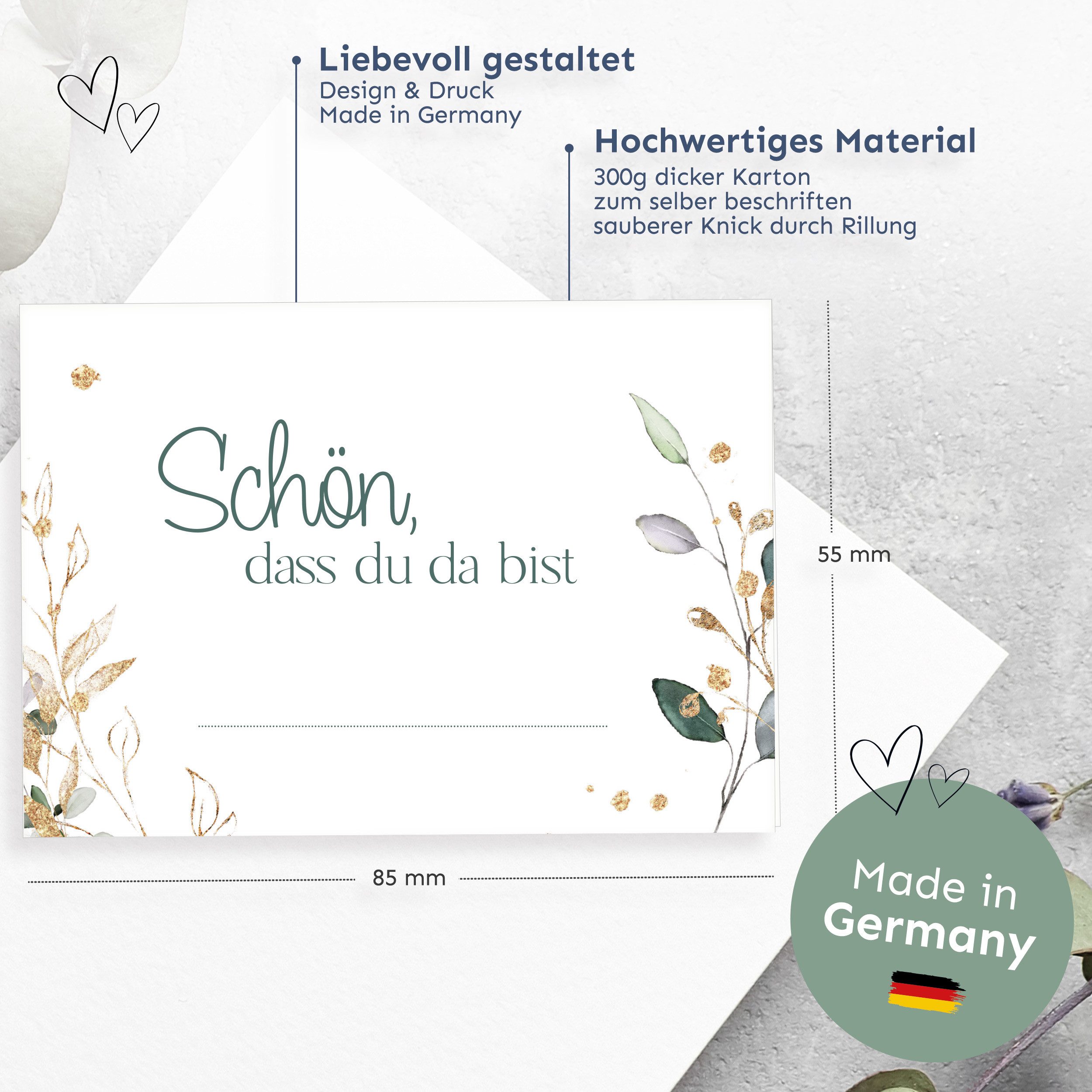 white & ivory Papierdekoration Platzkarte floral "schön, dass du da bist", 50 Stück, Tischkarten