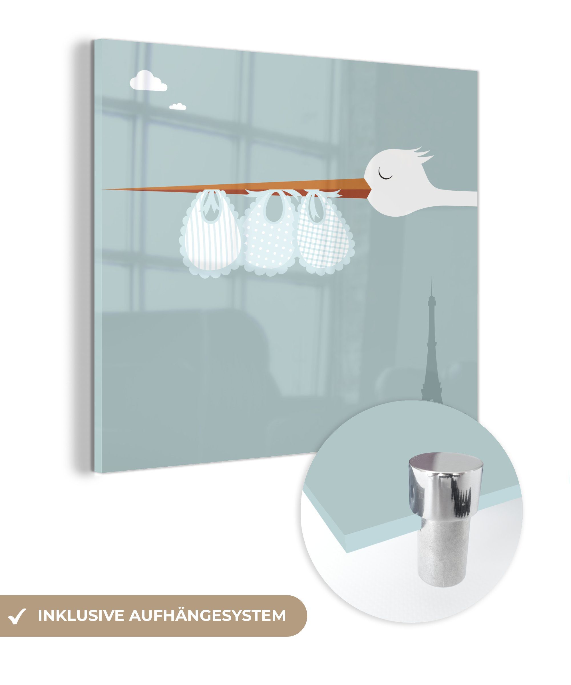 MuchoWow Acrylglasbild Illustration eines Storchs mit Lätzchen, (1 St), Glasbilder - Bilder auf Glas Wandbild - Foto auf Glas - Wanddekoration | Bilder