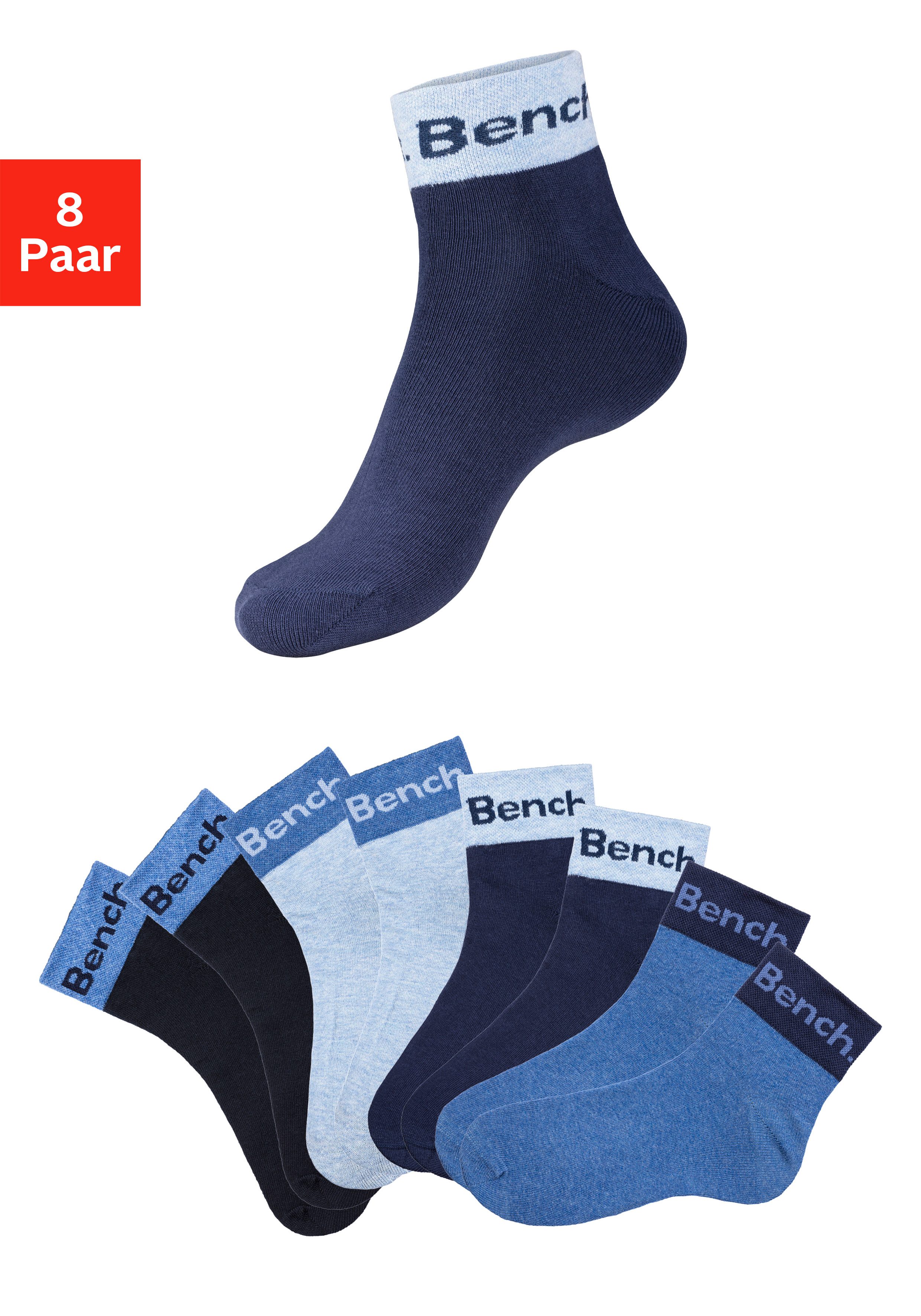 Bench. Kurzsocken Damen Herren Kurze Socken, für Freizeit und sportliche Aktivitäten (Packung, 8-Paar, Gr. 35-38 bis 43-46) mit eingestricktem Schriftzug am Bündchen