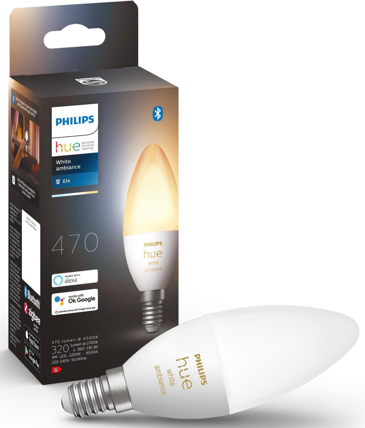 St., E14 Warmweiß, Hue warmweiß Philips tageslichtweiß White LED-Leuchtmittel E14, CCT-Farbtemperatursteuerung Amb. 1 bis Einzelpack 470lm!, -