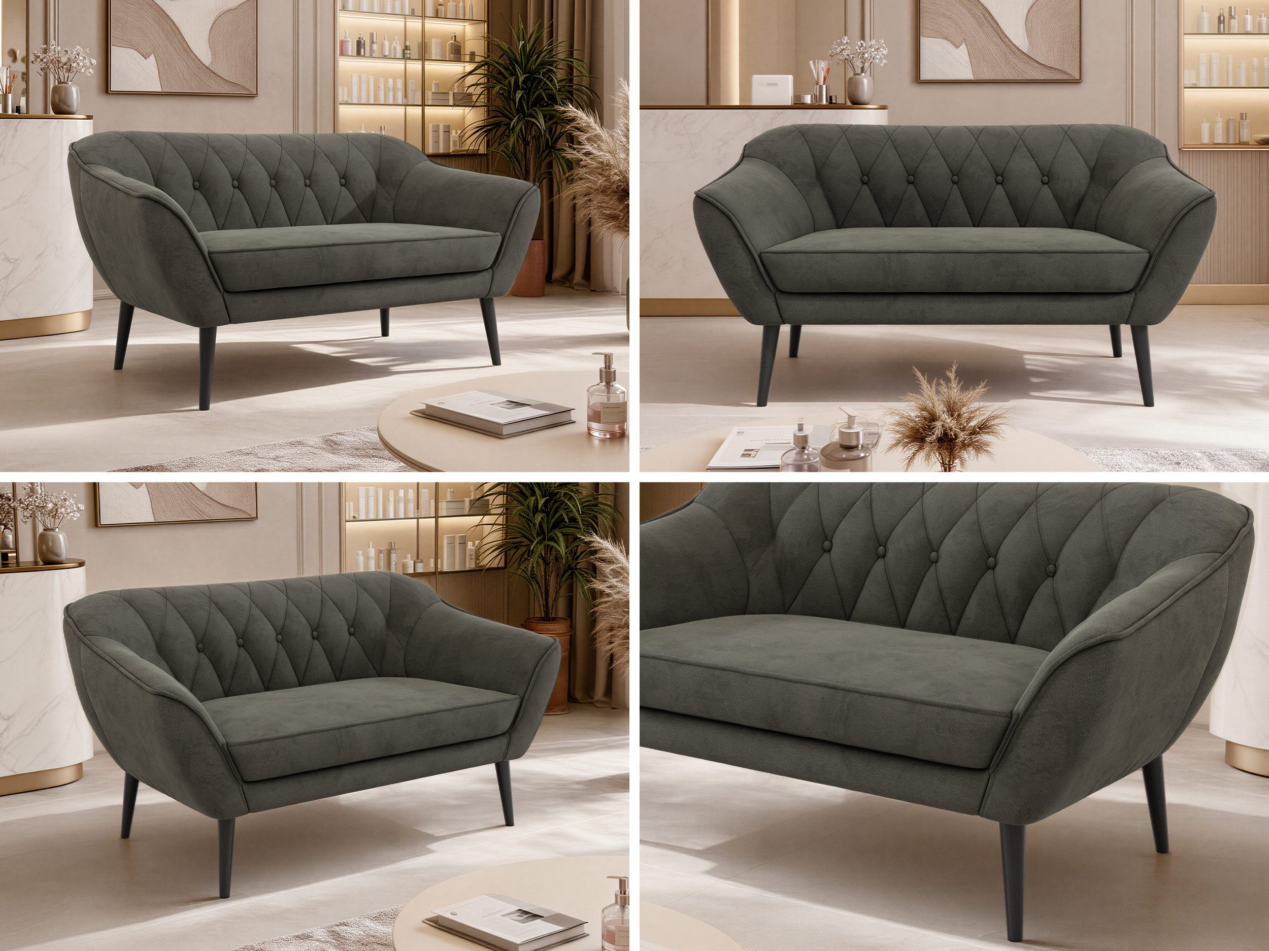 MKS MÖBEL Sofa PIRS, 2-Sitzer, Design mit Steppung, Wellenfederung, Scandi-Design, Füße wählbar