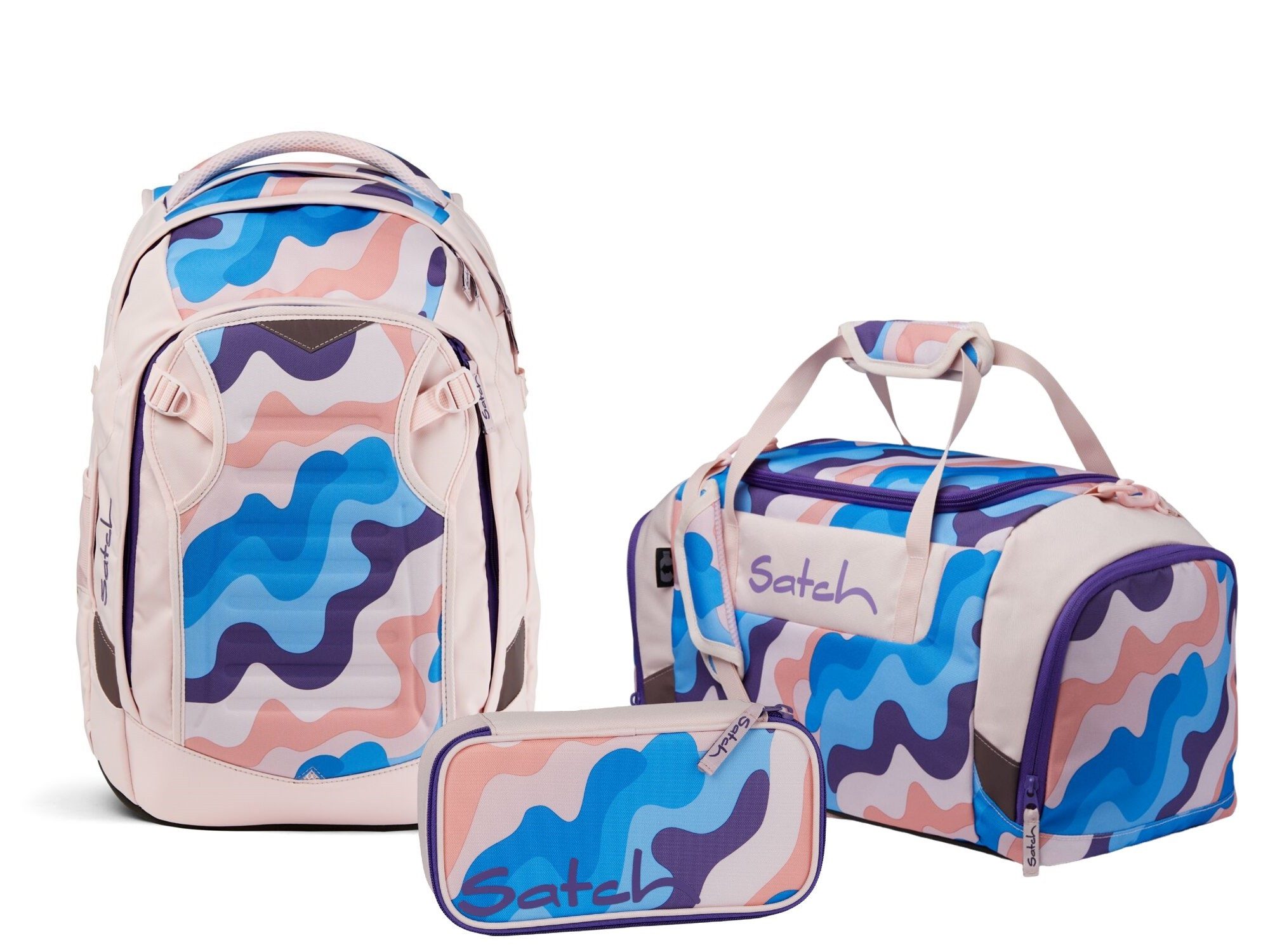 Satch Schulranzen Schulrucksack-Set MATCH Candy Clouds 3-teilig (3-teilig), Laptop-Fach, Your-Size-System, Schulranzen