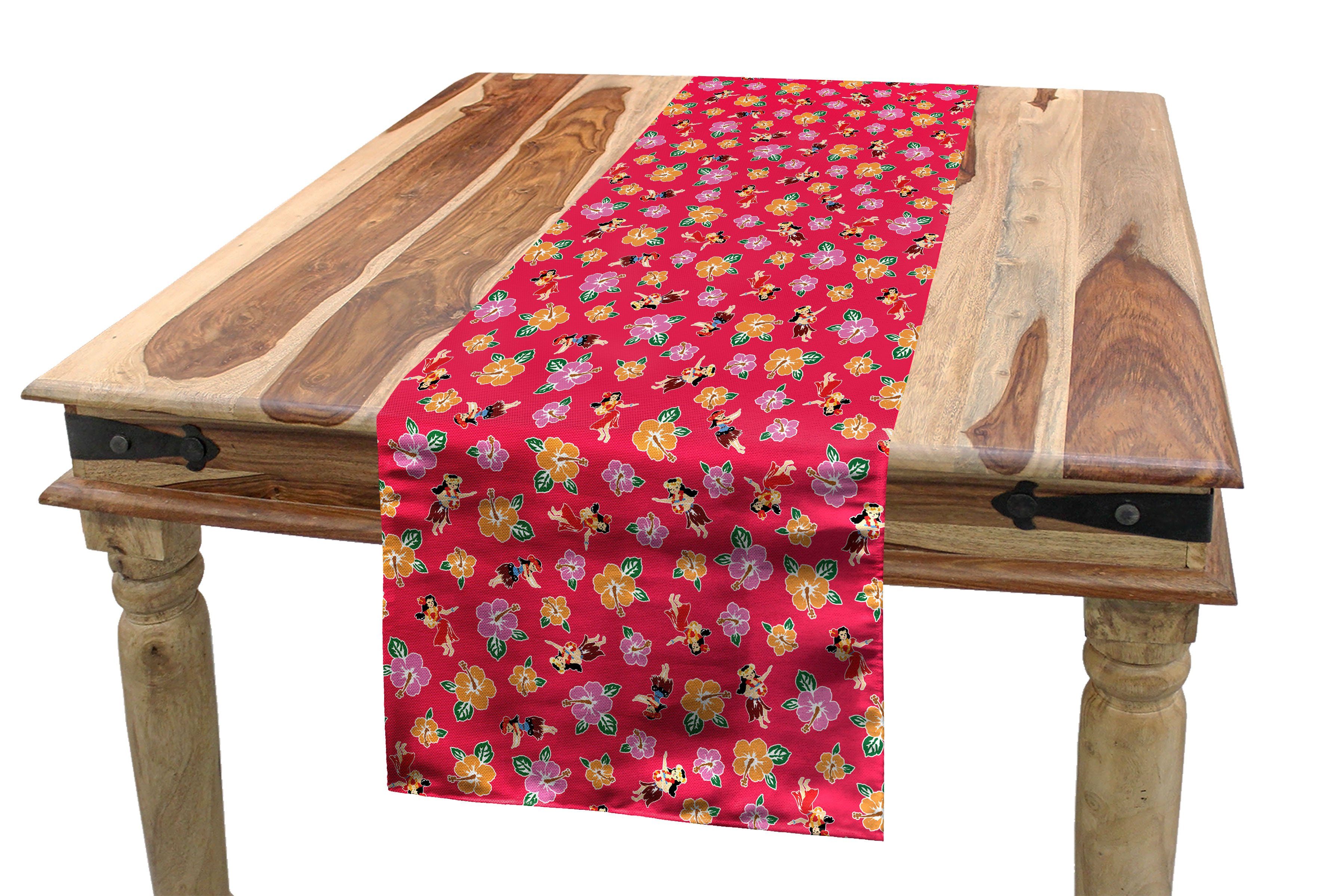Abakuhaus Tischläufer Esszimmer Küche Rechteckiger Blütenblätter Tischläufer, Hula Mädchen Hibiskus-Blüte Dekorativer