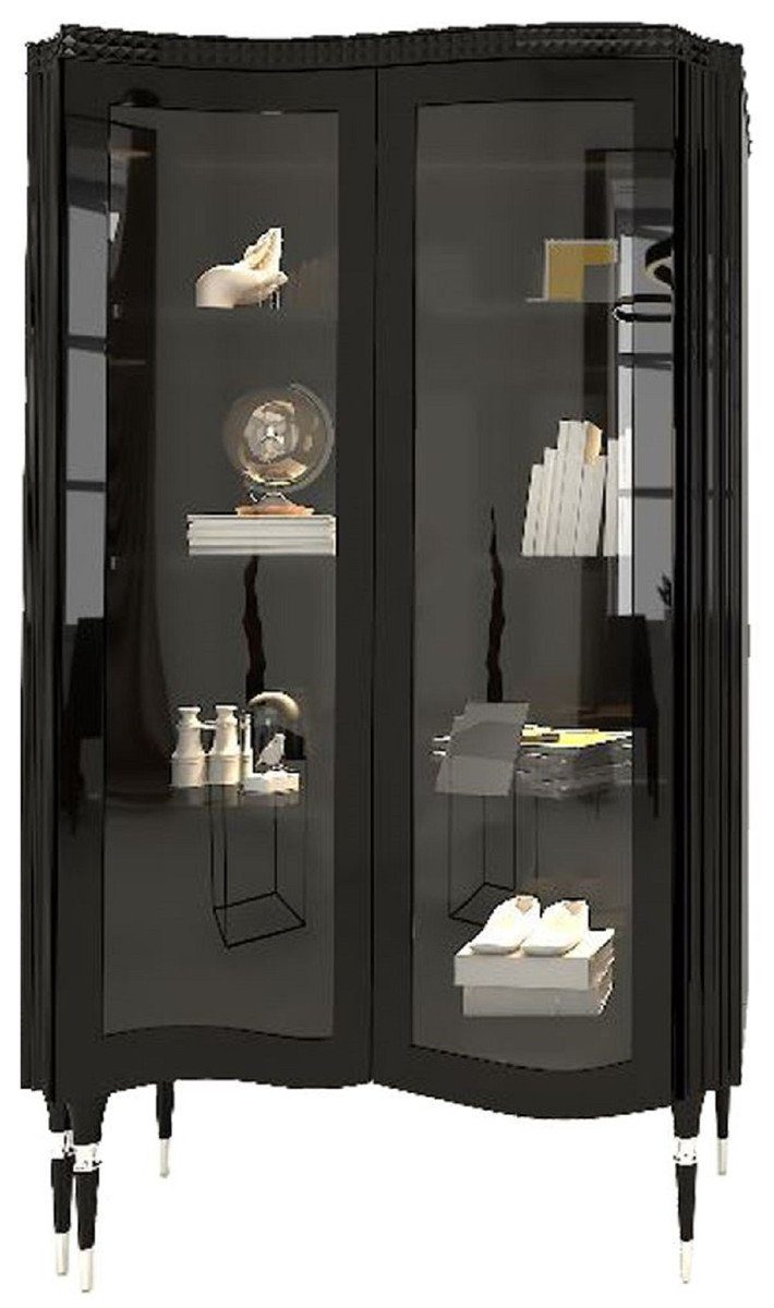 Luxus Art 2 Deco Padrino - Vitrine Casa Glastüren Handgefertigter mit Massivholz Silber / - Art Vitrine Wohnzimmer Deco Vitrinenschrank Möbel Schwarz