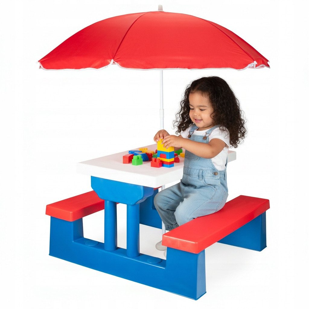 COIL Garten-Kindersitzgruppe Kinder-Picknicktisch mit Sonnenschirm 107 x 67 x 135 cm, 5 kg, (4-tlg), verschiedene Farben, Kunststoff UV-beständig, für Kinder ab 3 Jahren