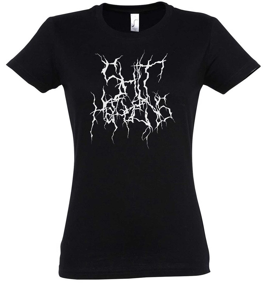 Print-Shirt Shit Happens Blackmetal Typo Damen T-Shirt Black Norwegian True Metal