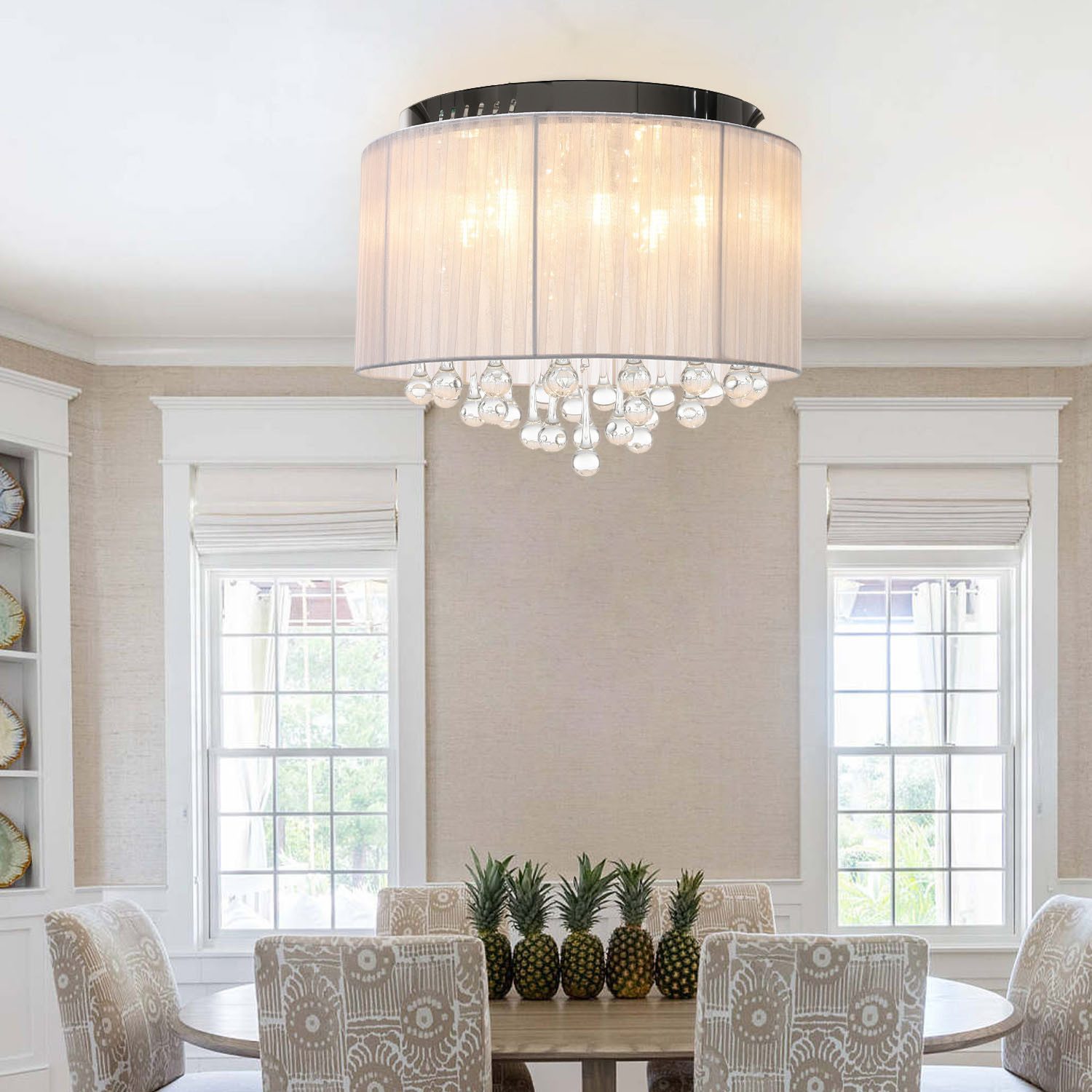 oyajia LED Deckenleuchte 48W Kristall Deckenleuchte, G9 Pendelleuchte mit Rundem Gaze-Schirm, ohne Leuchtmittel, kaltweiß, warmweiß, neutralweiß, Lampenschirm aus Organza, G9-Fassung, 8-flammige Deckenleuchte 40x20cm
