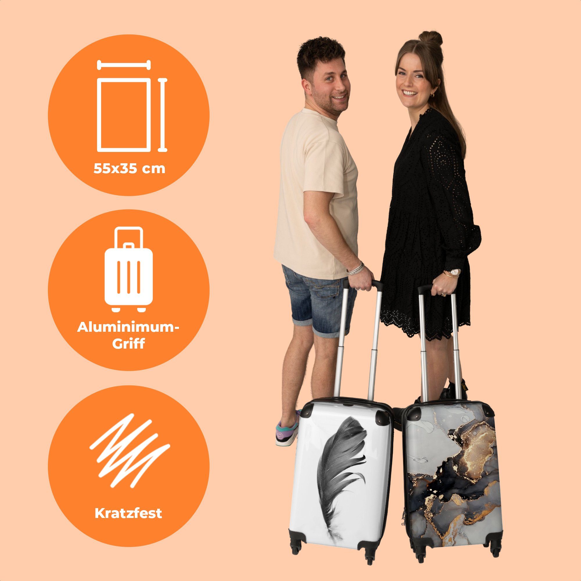 mit NoBoringSuitcases.com© Reisekoffer Handgepäck Rollen, - Trolley - Rollkoffer Handgepäckkoffer Kleine Weiß Feder 4 - Natur, Cabin 4 - Rollen Schwarz 55x35x20cm