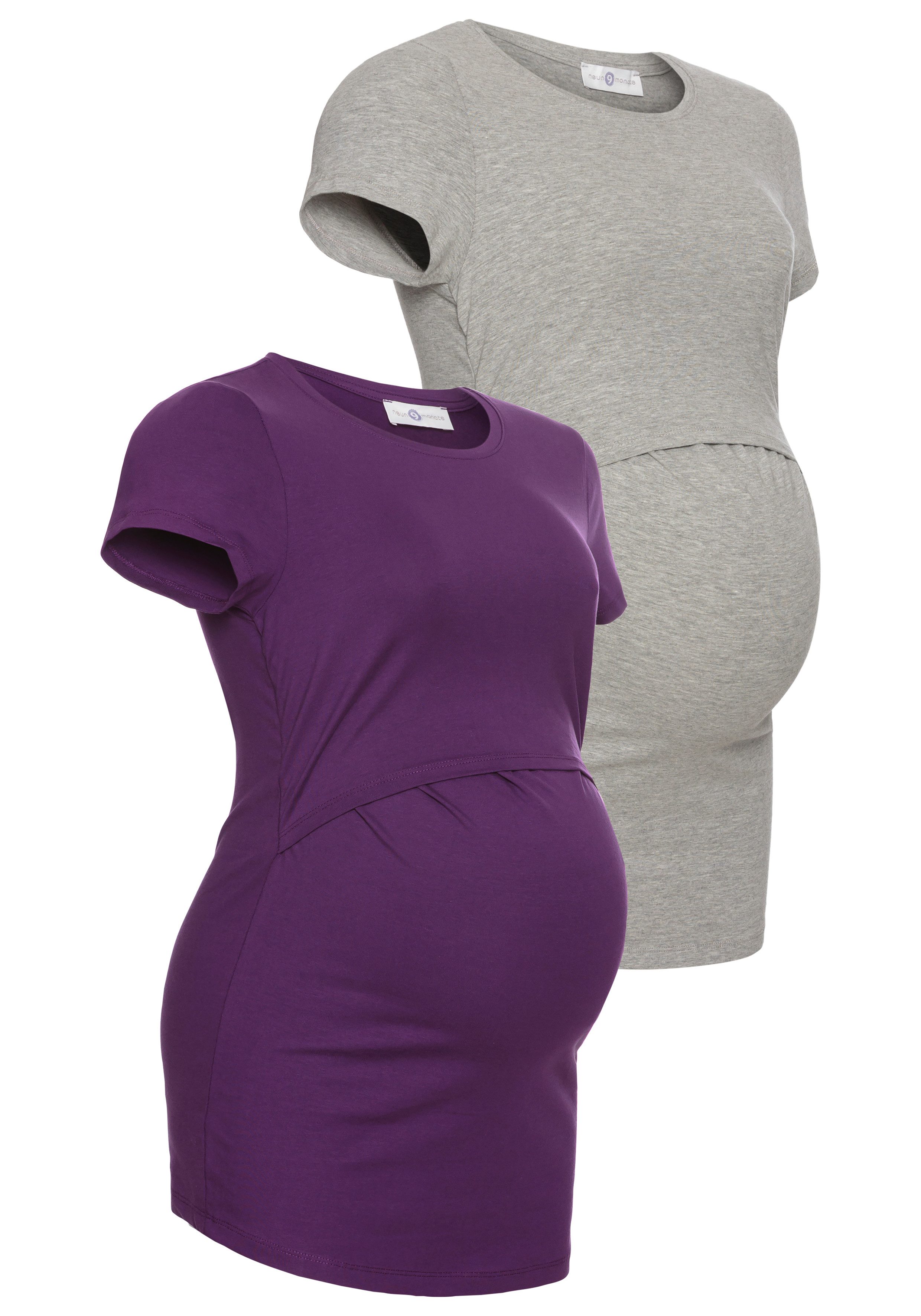 Neun Monate Umstandsshirt, 2er Pack T-Shirts für Schwangerschaft und Stillzeit (Packung, 2-tlg., 2) kurzärmelig, figurbetonte Passform, unifarben, Rundhalsausschnitt