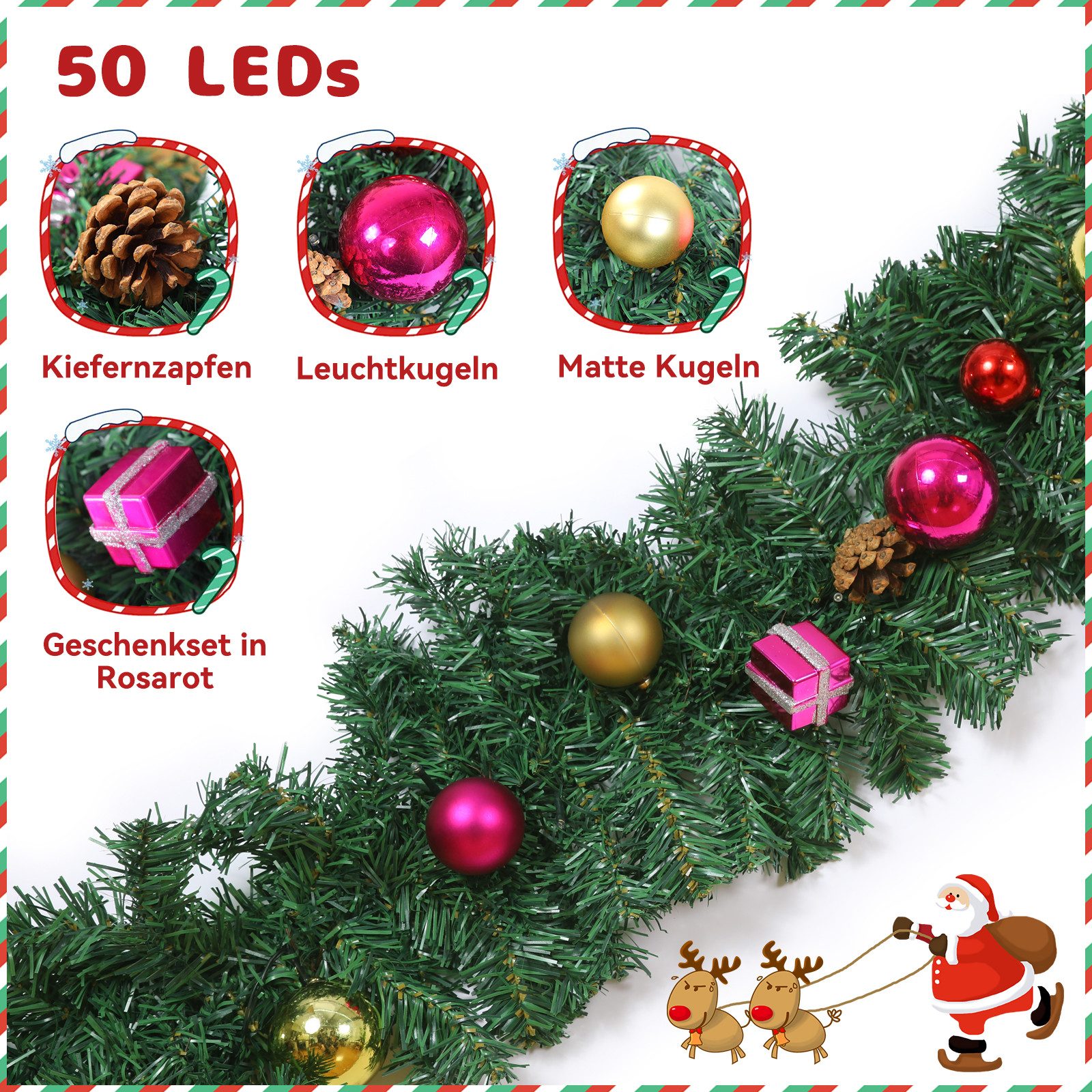 Kunstgirlande mit licht 1.75/2.7M Weihnachtsgirlande mit Beleuchtung, weihnachtsdeko, Elegear, deko für außen & innen, 8 Modi, wasserdichtes Batteriefach, Timer