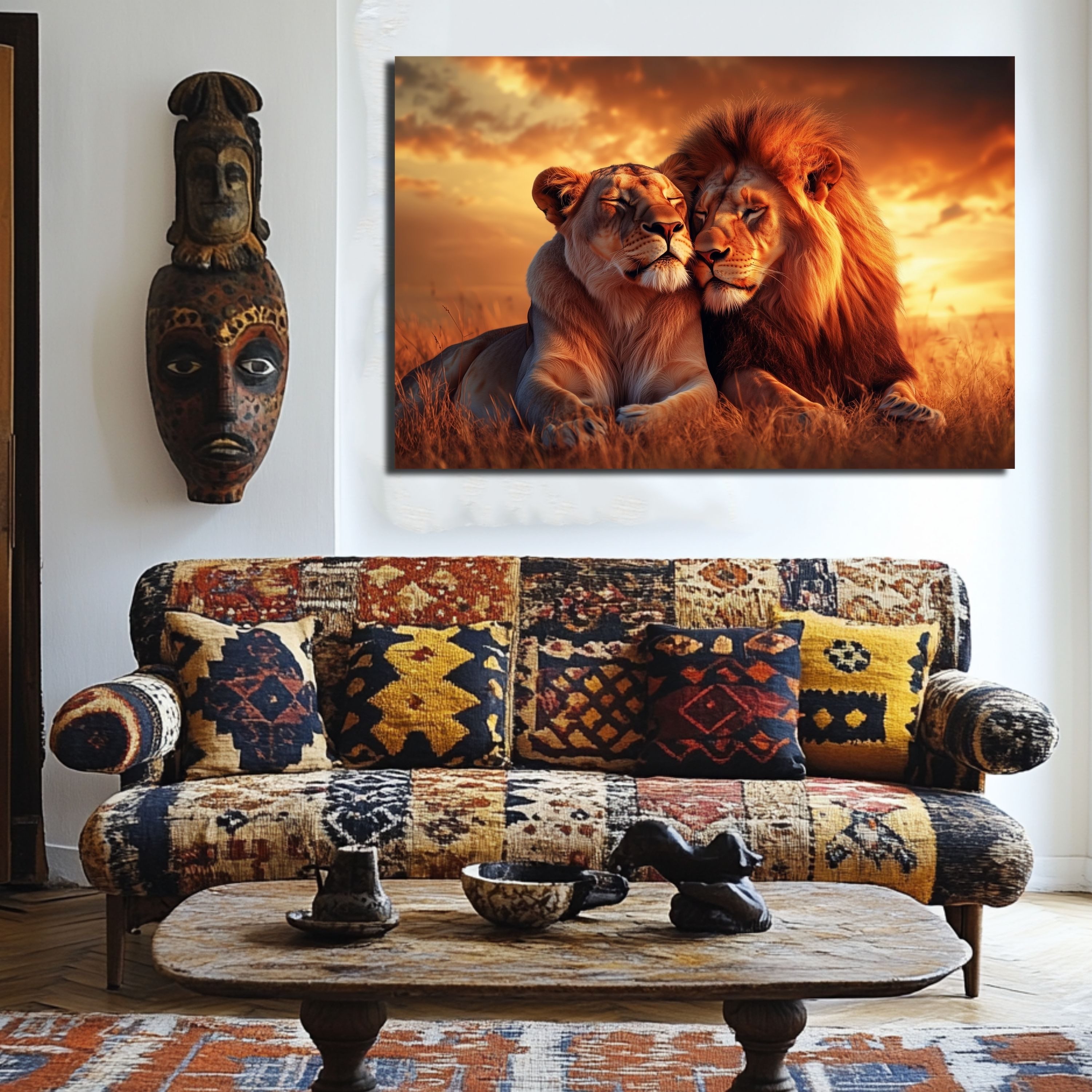 DARO Design Leinwandbild Modern Abstrakt Wandbilder XXL Wandbild Wand Deko Leinwand Bilder, (Löwen beim Sonnenuntergang - -Bild groß Wohnzimmer Schlafzimmer Küc – Bild 5 von 5