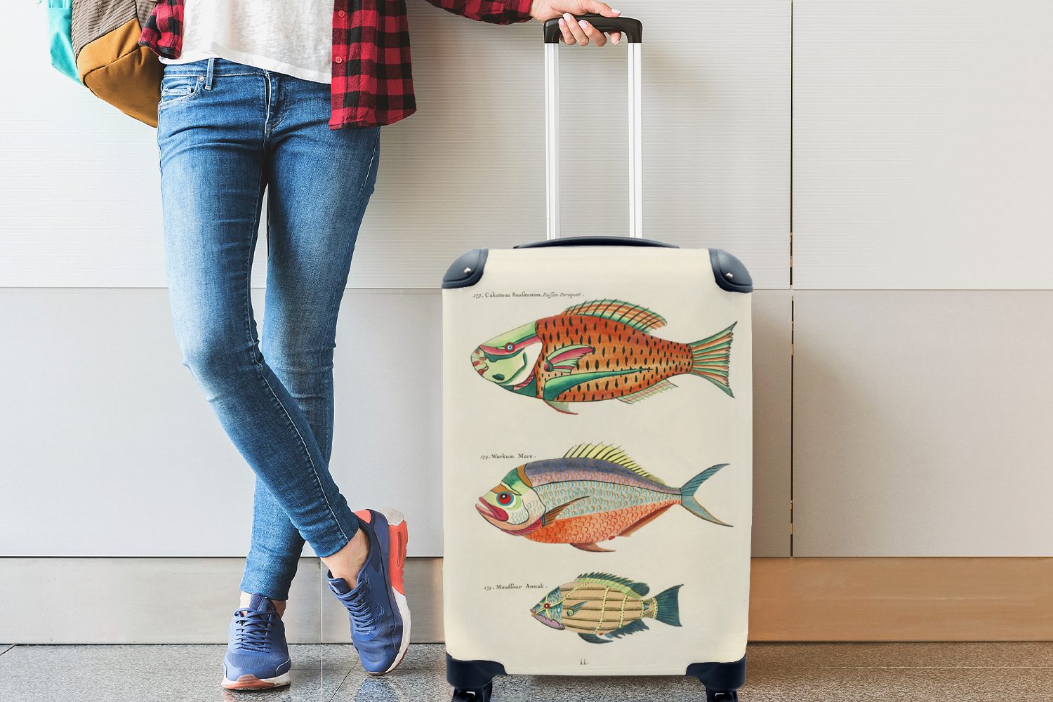 MuchoWow Handgepäckkoffer Fisch - Jahrgang 4 Reisetasche für rollen, Reisekoffer - Rollen, Meer, mit Trolley, Handgepäck Ferien