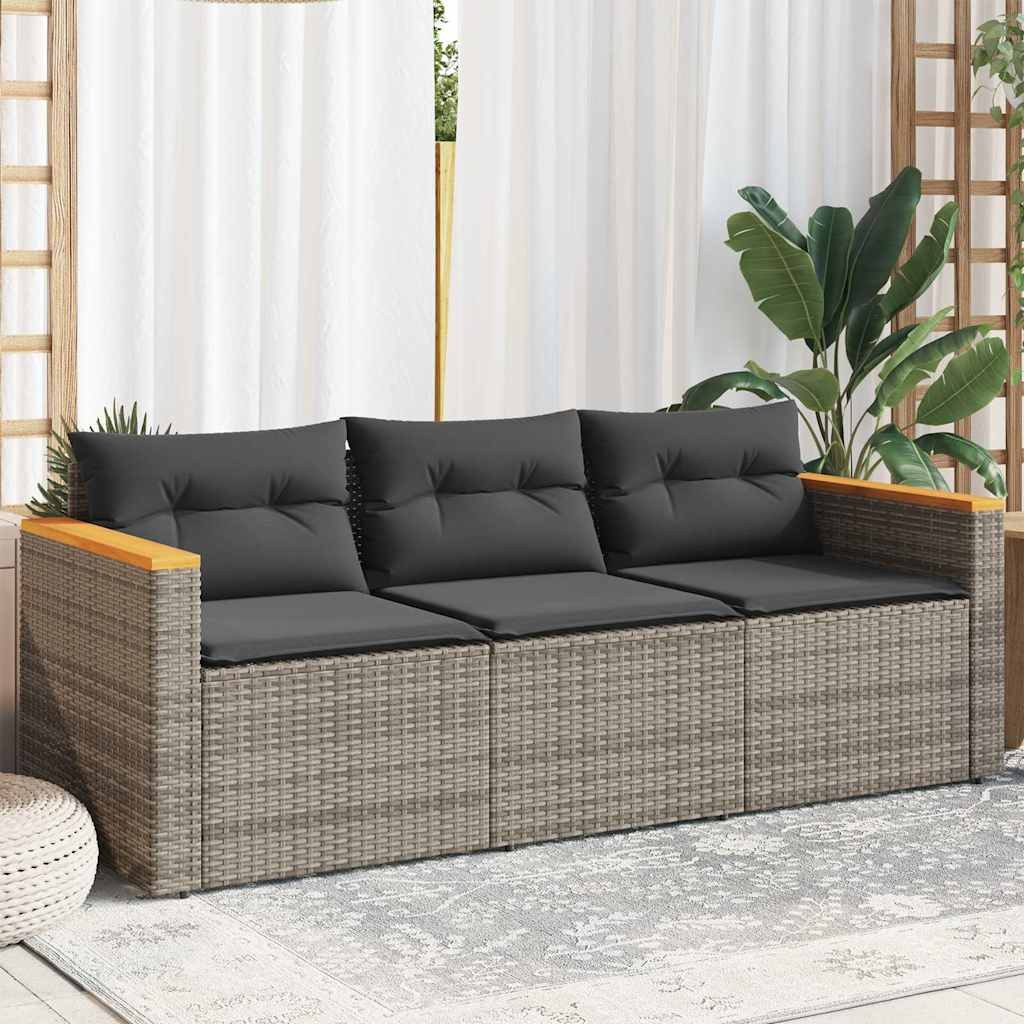 vidaXL Loungesofa Gartensofa mit Kissen 3-Sitzer Grau Poly Rattan, 1 Teile
