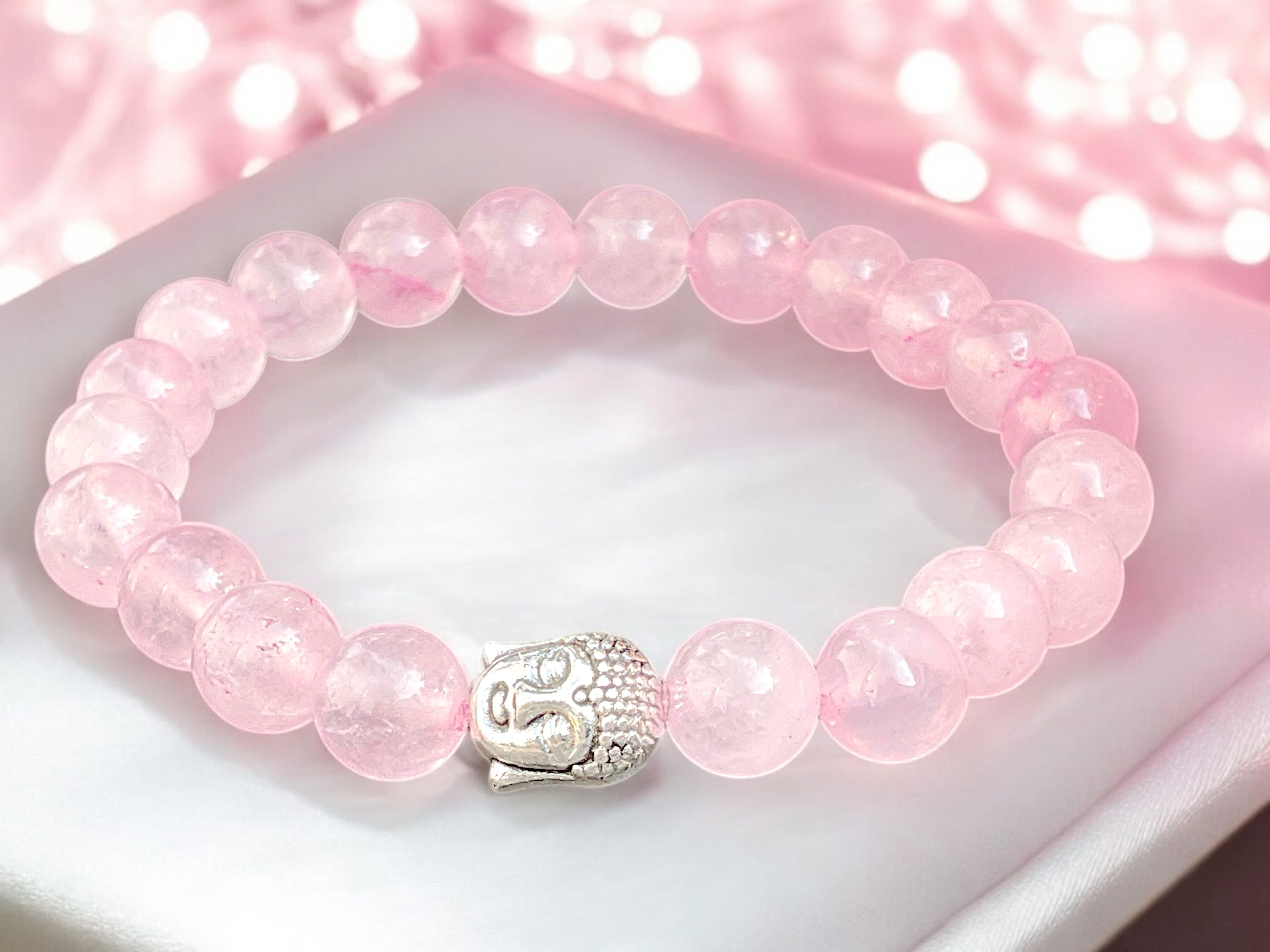 Steinfixx® Perlenarmband 100 % Rosenquarz mit versilbertem Buddha (8mm Perlen, Umfang 18cm, 1-tlg., Ruhe, Achtsamkeit, innere Stärke), Handgefertigt in Deutschland, mit edler Magnet-Geschenkbox