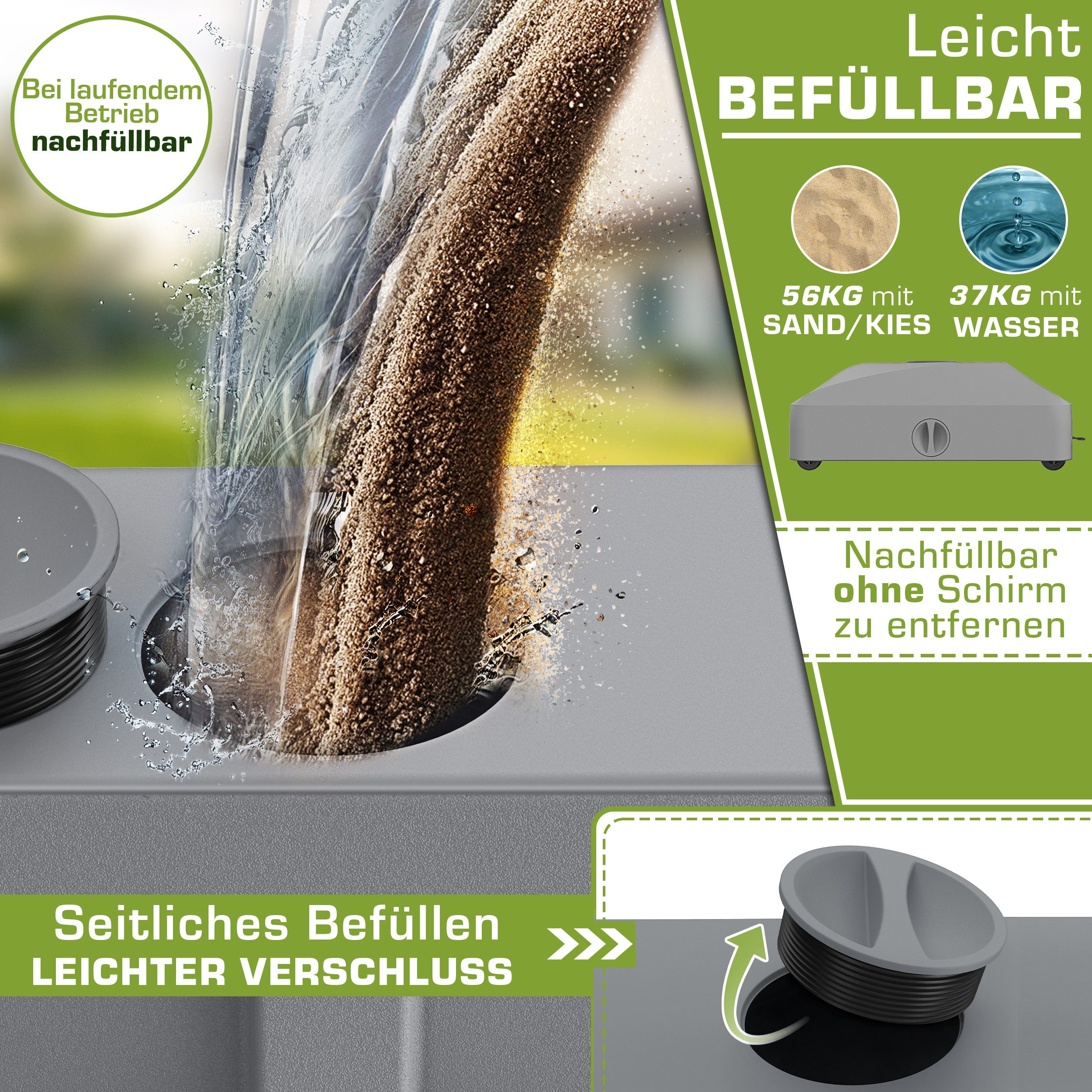 tillvex Sonnenschirm tillvex® Sonnenschirmständer GRAVIA mit Rollen & Bremsen, Schirmständ, & Marktschirm Ø 1,8-3,7m, Ampelschirmständer wetterfest, Schirmständer befüllbar 37 Liter / 56 kg Schirmgewicht Sonnenschirm, Sonnenschirmständer GRAVIA mit Rollen & Bremsen