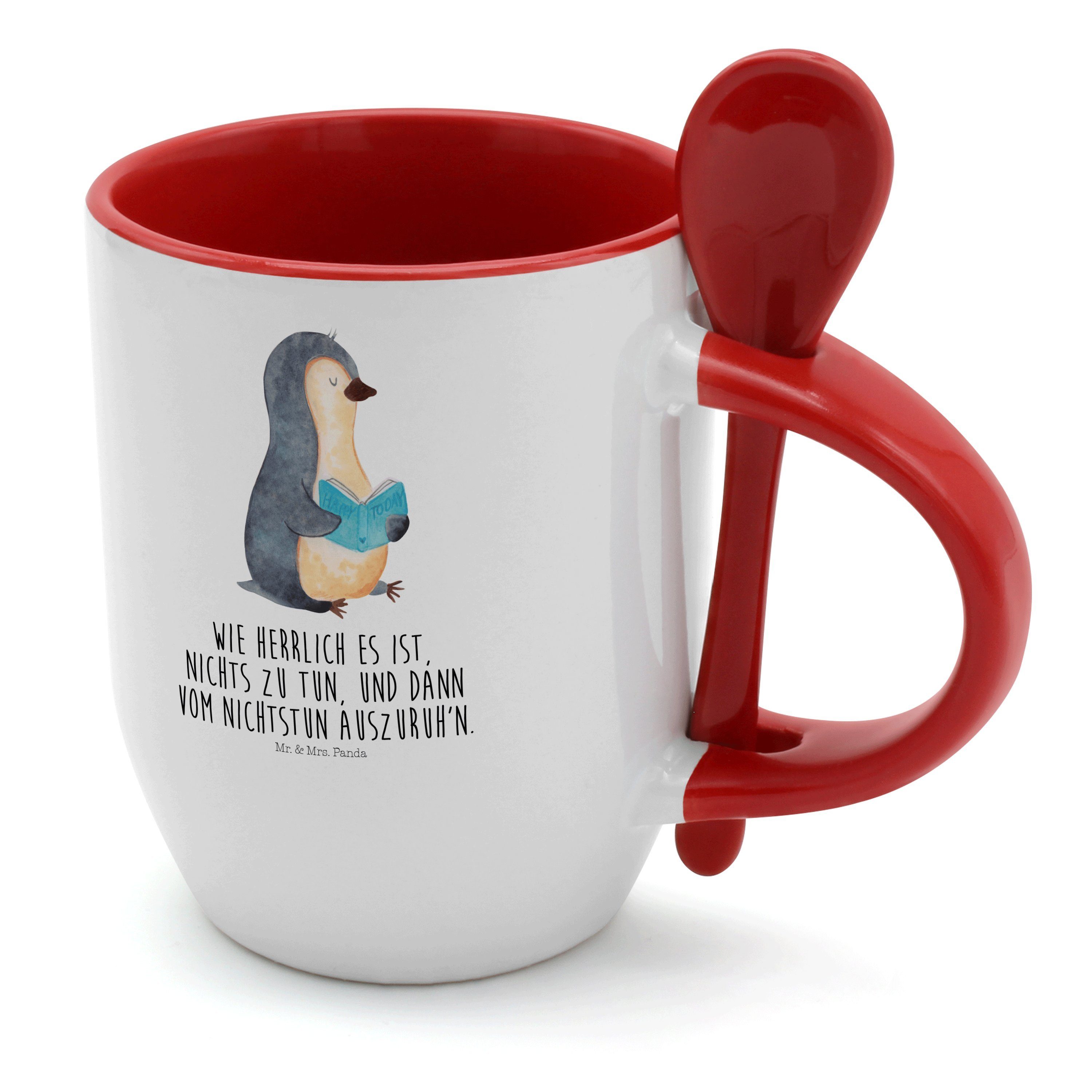 Mr. & Mrs. Panda Tasse Pinguin Buch - Weiß - Geschenk, nichtstun, Tasse, Pause, Kaffeebecher, Keramik